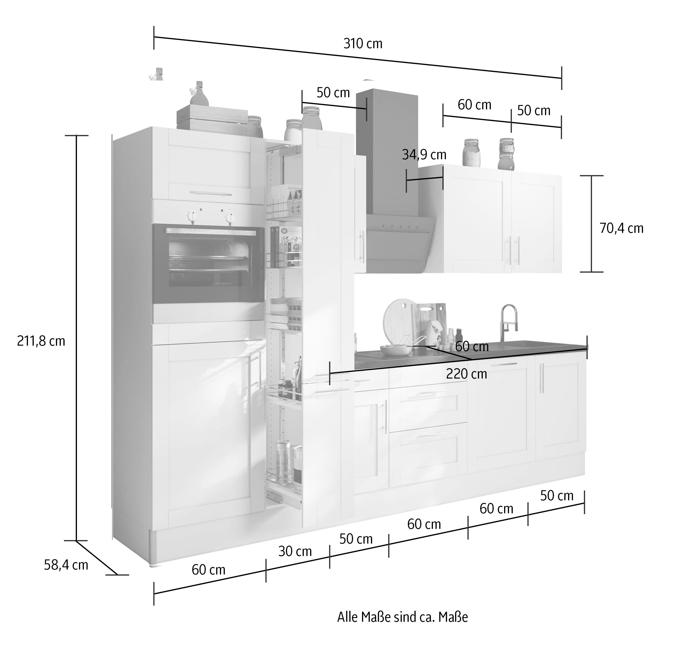 OPTIFIT Küchenzeile »Ahus«, Breite 310 cm, wahlw. mit E-Geräten, MDF Fronten, Soft Close Funktion