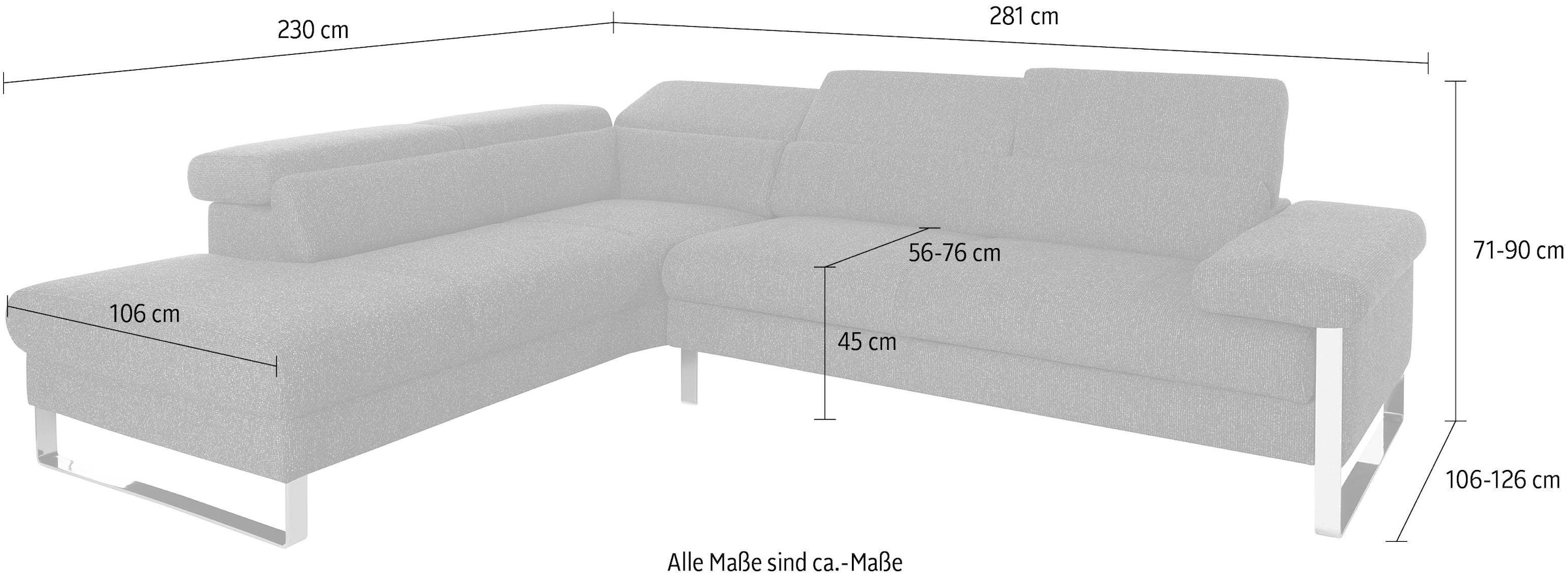 W.SCHILLIG Ecksofa »finn, Designsofa mit tollem Sitzkomfort, bequem, L-Form«, German Design Award 2016, Fußgestell Nussbaum natur, Breite 281 cm