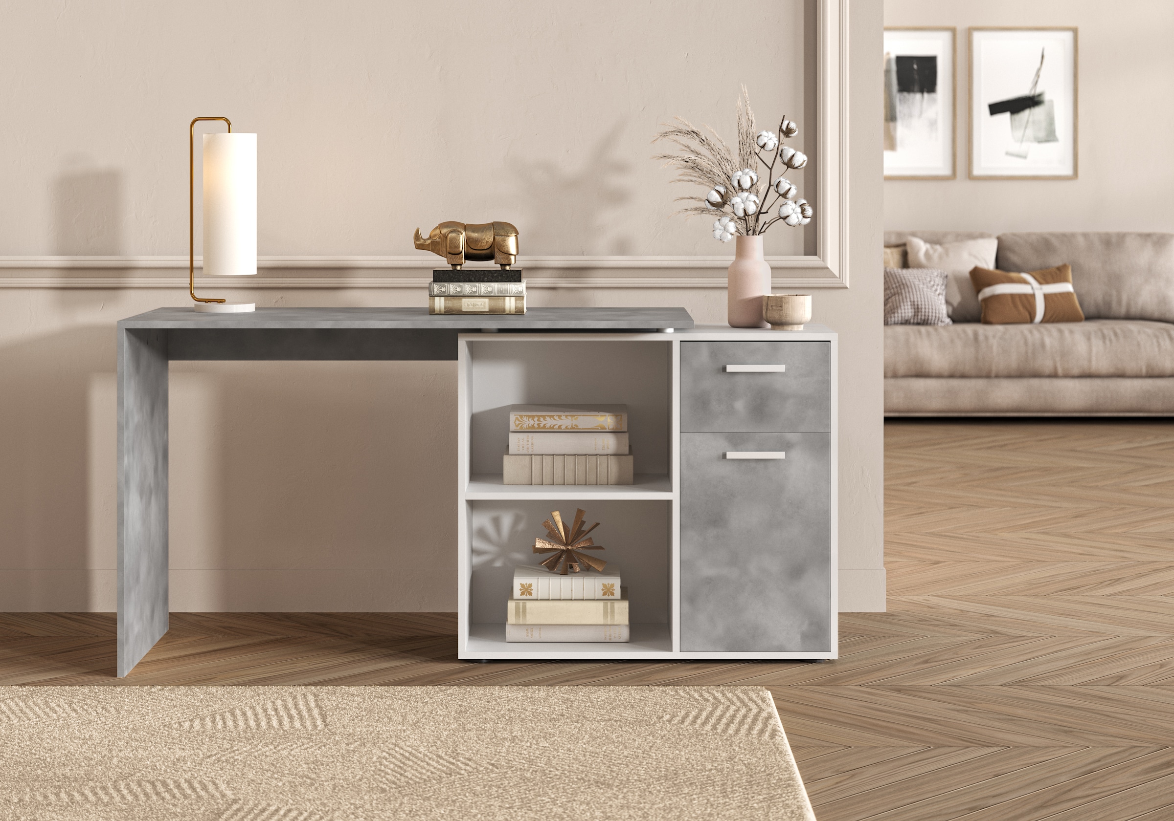 FMD Eckschreibtisch »AUGSBURG«, Schreibtisch/Sideboard m. Stauraum, beidseitig montierb., 117/148 cm