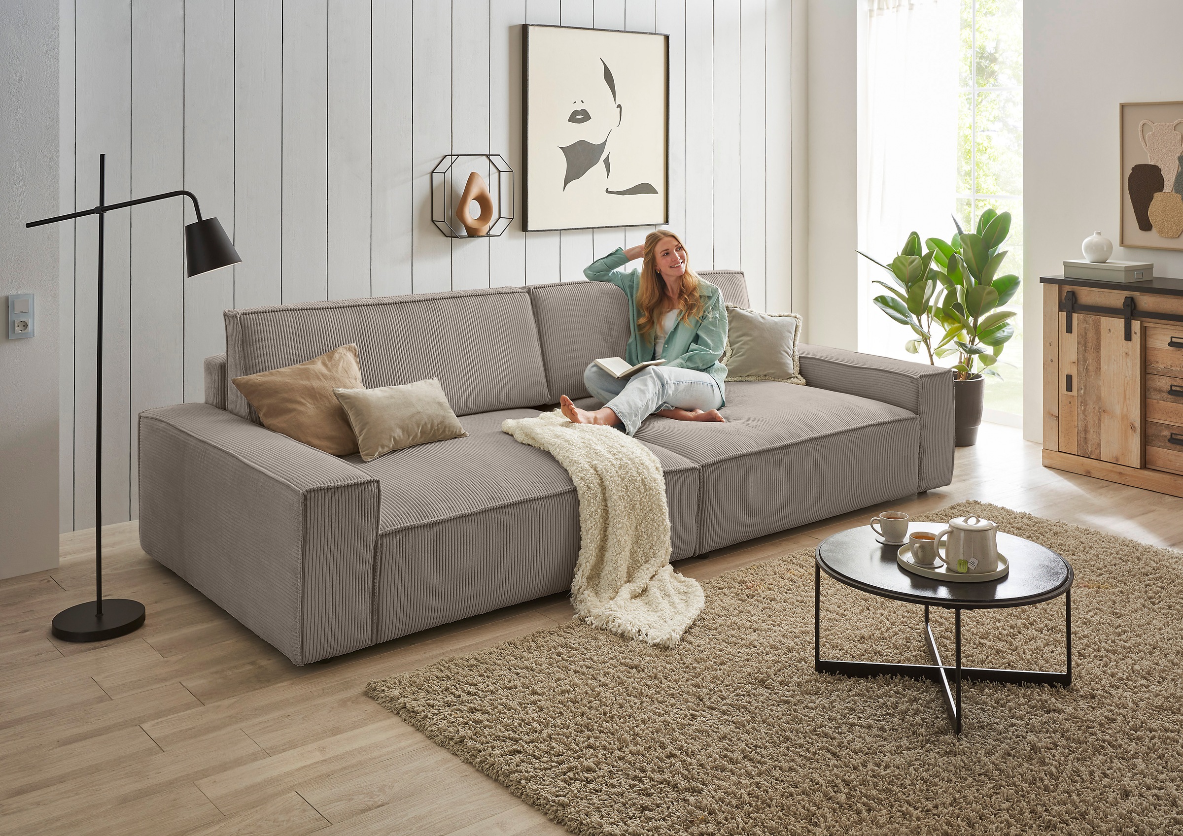 Home affaire Big-Sofa »NEU: SHERWOOD XXL, Big-Sofa (316cm), extra tiefe Sitzfläche 95 cm«, bequemer Sitzkomfort, Cord u. Leinenoptik, Kedernaht