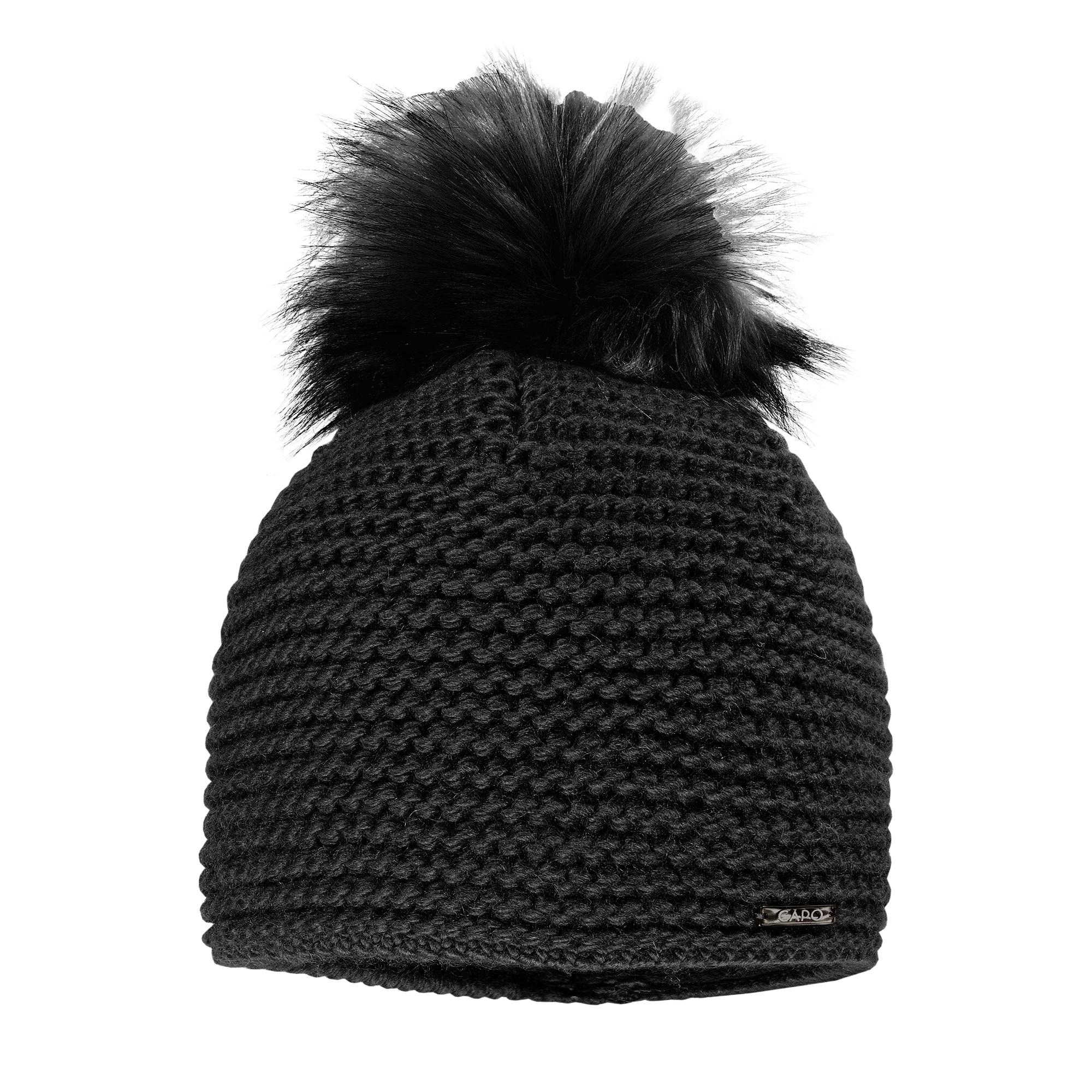 Capo Damen Bommelmütze Grobstrick, unifarben, gefüttert in schwarz
