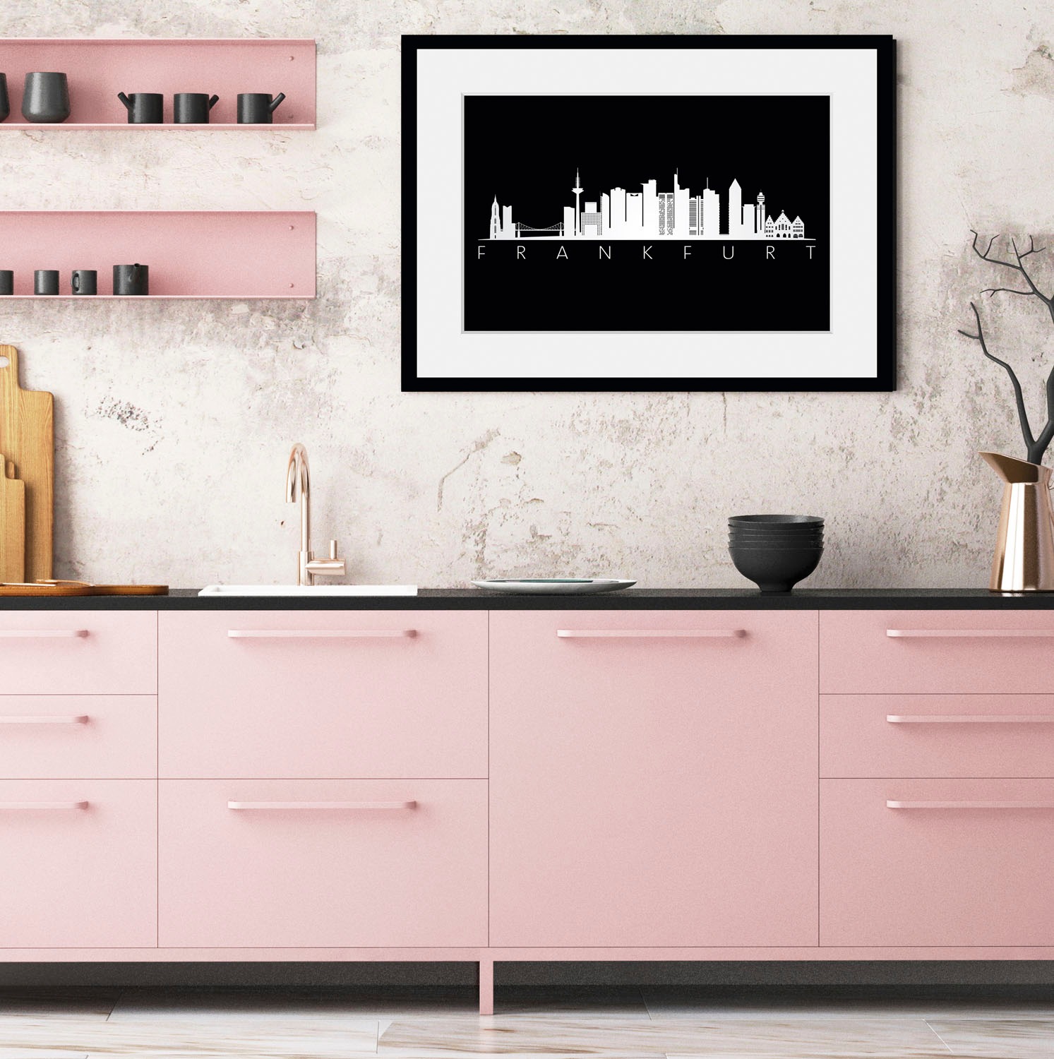 queence Bild »Frankfurt Skyline BLACK«, Städte-Schriftzug-Deutschland-Stadt-Frankfurt am Main-Schwarz-Weiß, (1 St.), HD Premium Poster-Druck inkl. Holzrahmen