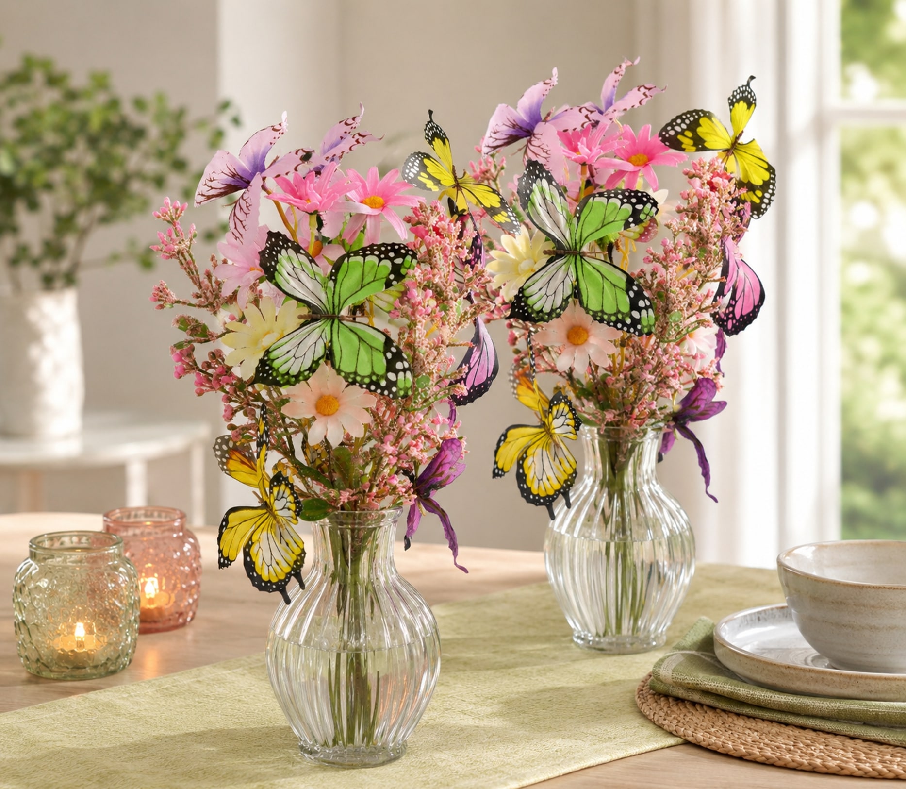 I.GE.A. Kunstblume »Strauß mit Schmetterlingen und Blüten 40cm 2er Set gebunden zum Strauß« Künstliche Blumen Blumenstrauß Bouquet Deko Zweig Blumendeko Hochzeit