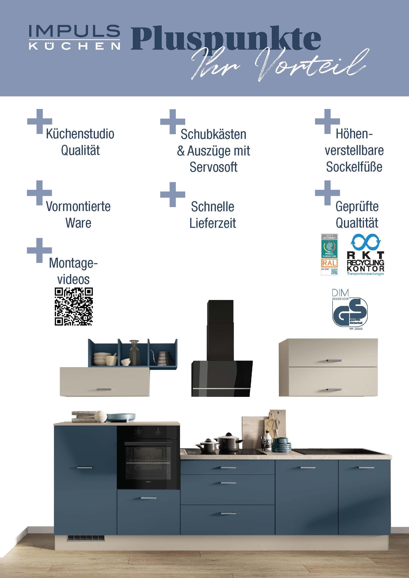 IMPULS KÜCHEN Küchenzeile »"Kopenhagen", Ausrichtung wählbar, Schubkästen mit Soft-Close« Set,  vormontiert, wahlweise mit E-Geräten, Breite 260 cm