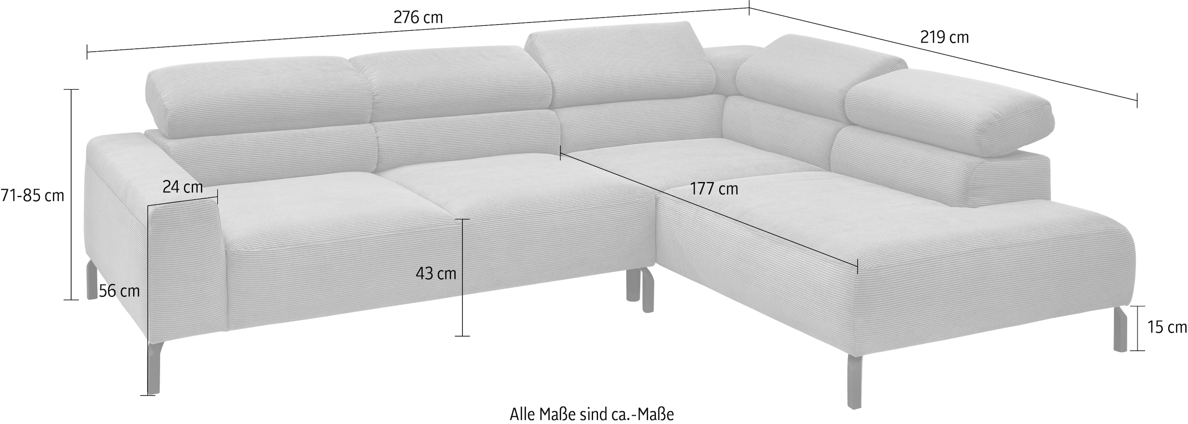 Places of Style Ecksofa »Antonelli, L-Form, inkl. Kopfteilverstellung, Breite 276 cm«, mit elektrischer Sitztiefenverstellung, in Cord, weiß