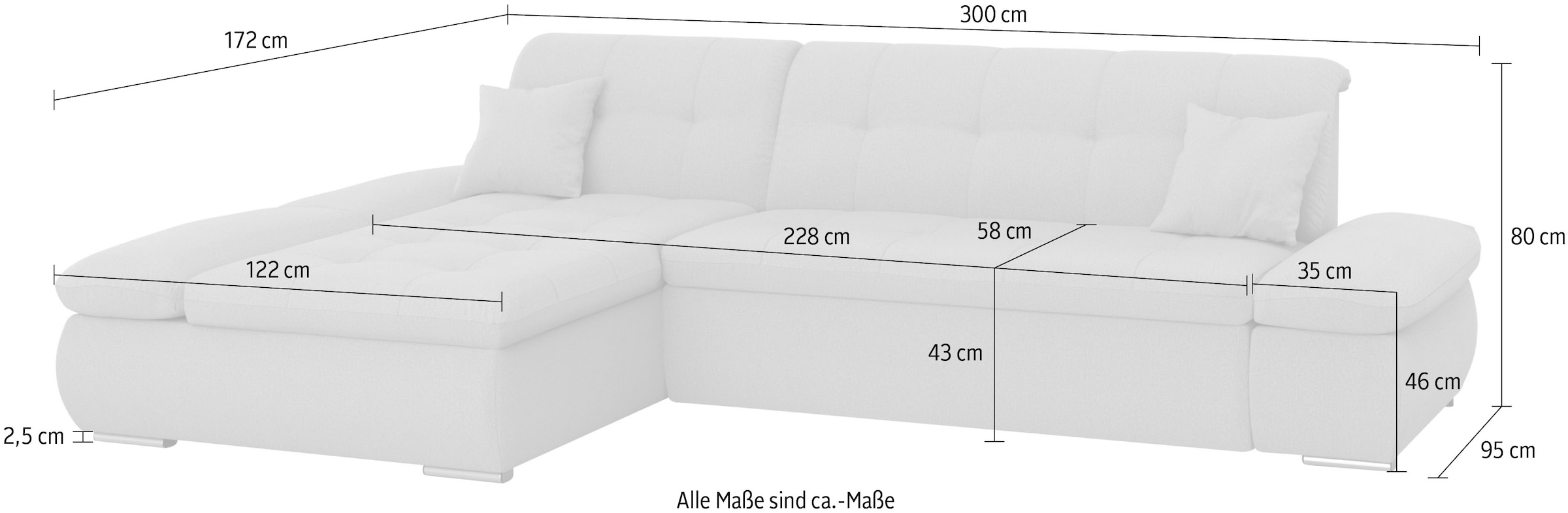 DOMO collection Ecksofa »Moric, L-Form, XXL-Sofa - Breite 300cm«, wahlweise mit Bettfunktion und Armteilverstellung, eisblau-grau