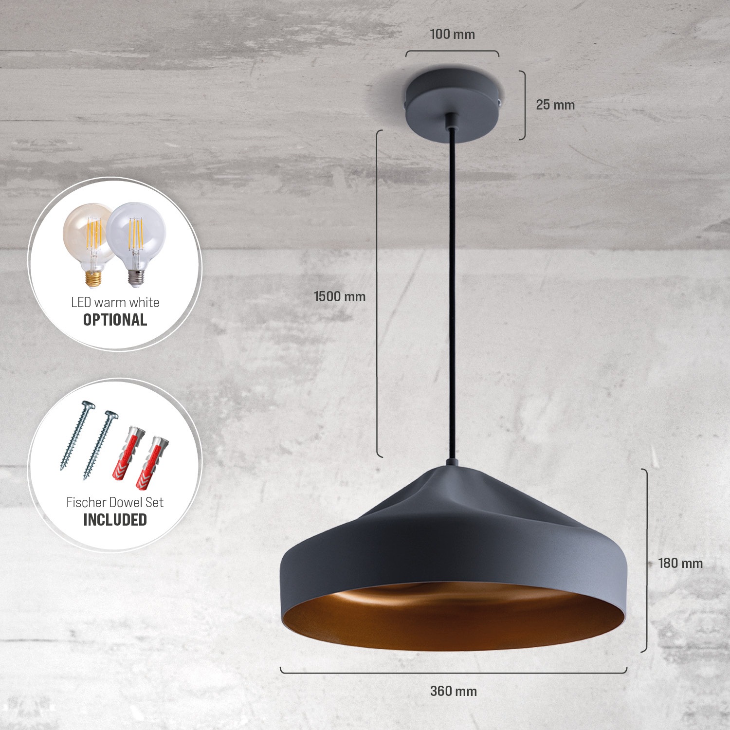 Paco Home Pendelleuchte »HURLEY T«, 1 flammig, Leuchtmittel E27 | ohne Leuchtmittel, Hängelampe Esszimmer Küchenlampe Hängend Esstischlampe Innen Gold