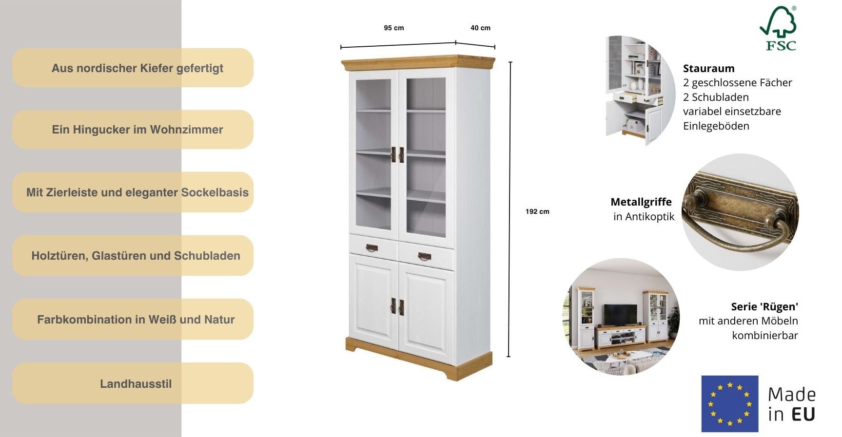 Home affaire Vitrine »Rügen«, zertifiziertes Massivholz, Höhe 192 cm, im Landhausstil