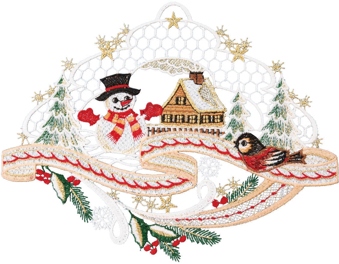 W. Reuter & Sohn - Plauener Spitze Fensterbild »Landschaft Schneemann« Made in Germany in bunt, Größe B/L: 27 cm x 21 cm