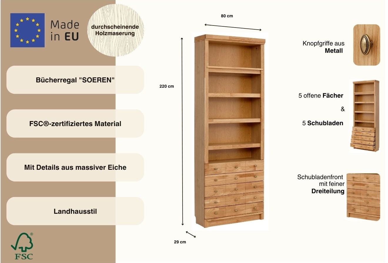 Home affaire Bücherregal »Soeren Eiche Regal mit 5 breiten Schubkästen in geteilter Optik« T/H: 80/29/220 cm, Eiche teilmassiv, FSC®, elegante Metallgriffe