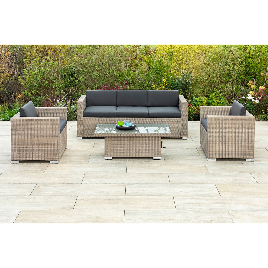 MERXX Gartenlounge-Set »Bellante«, (4 tlg.), 2 Sessel, Sitzbank, ausziehbarer Tisch, mit Auflagen