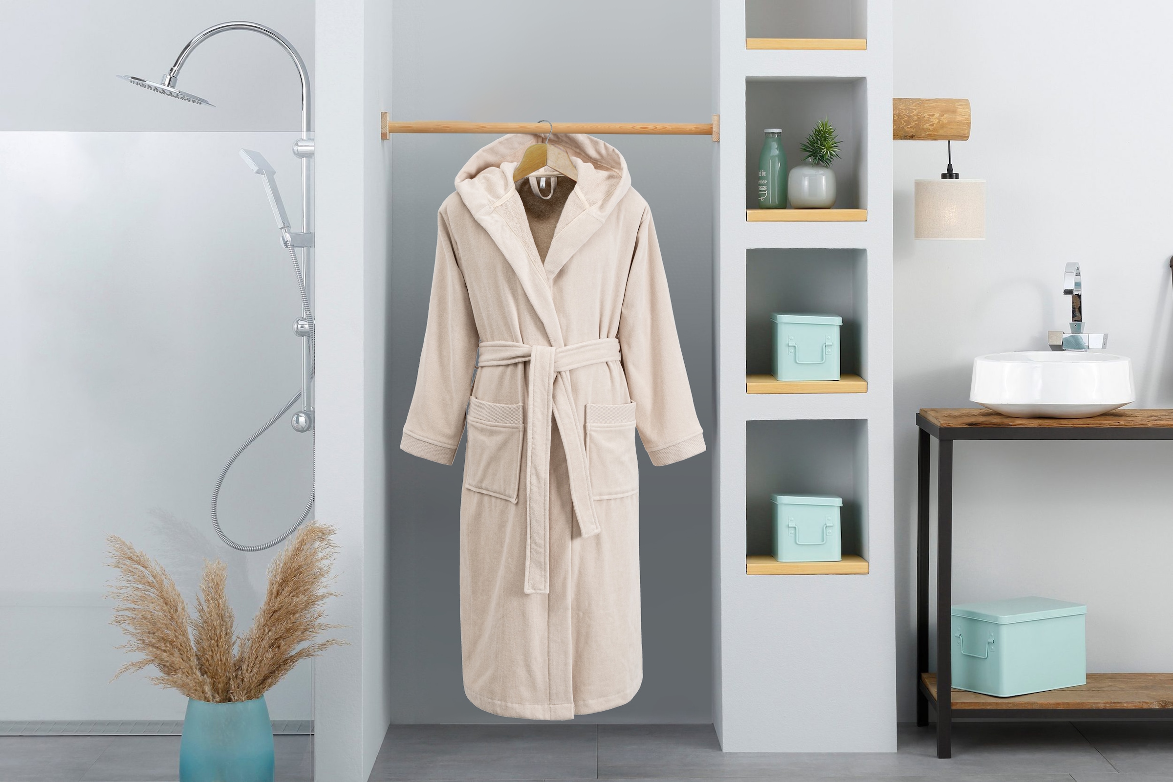 OTTO home Unisex-Bademantel »Fenya, 330 g/m², Premium, Hotelbademantel, Morgenmantel,  Sauna & Spa« 1 Stk. Reißverschlusstaschen, weich mit GRATIS-Zugabe: 1x Duschtuch 70x140 cm