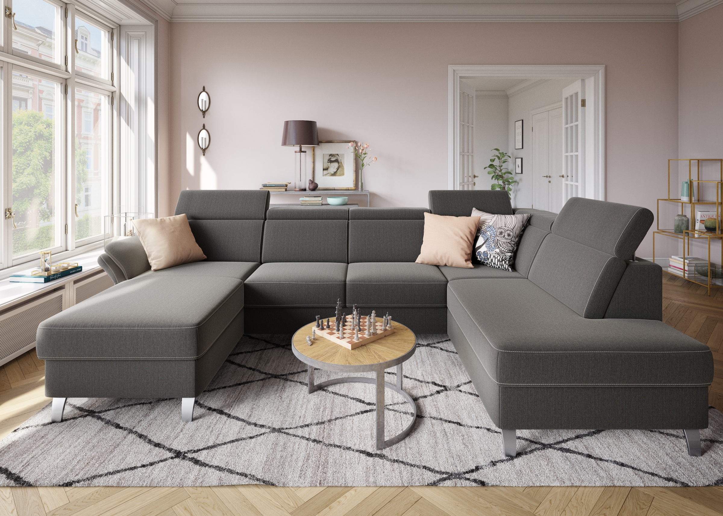 sit&more Wohnlandschaft »Vincenzo U-Form«, inklusive Kopfteilverstellung, wahlweise mit Bettfunktion, Bettkasten