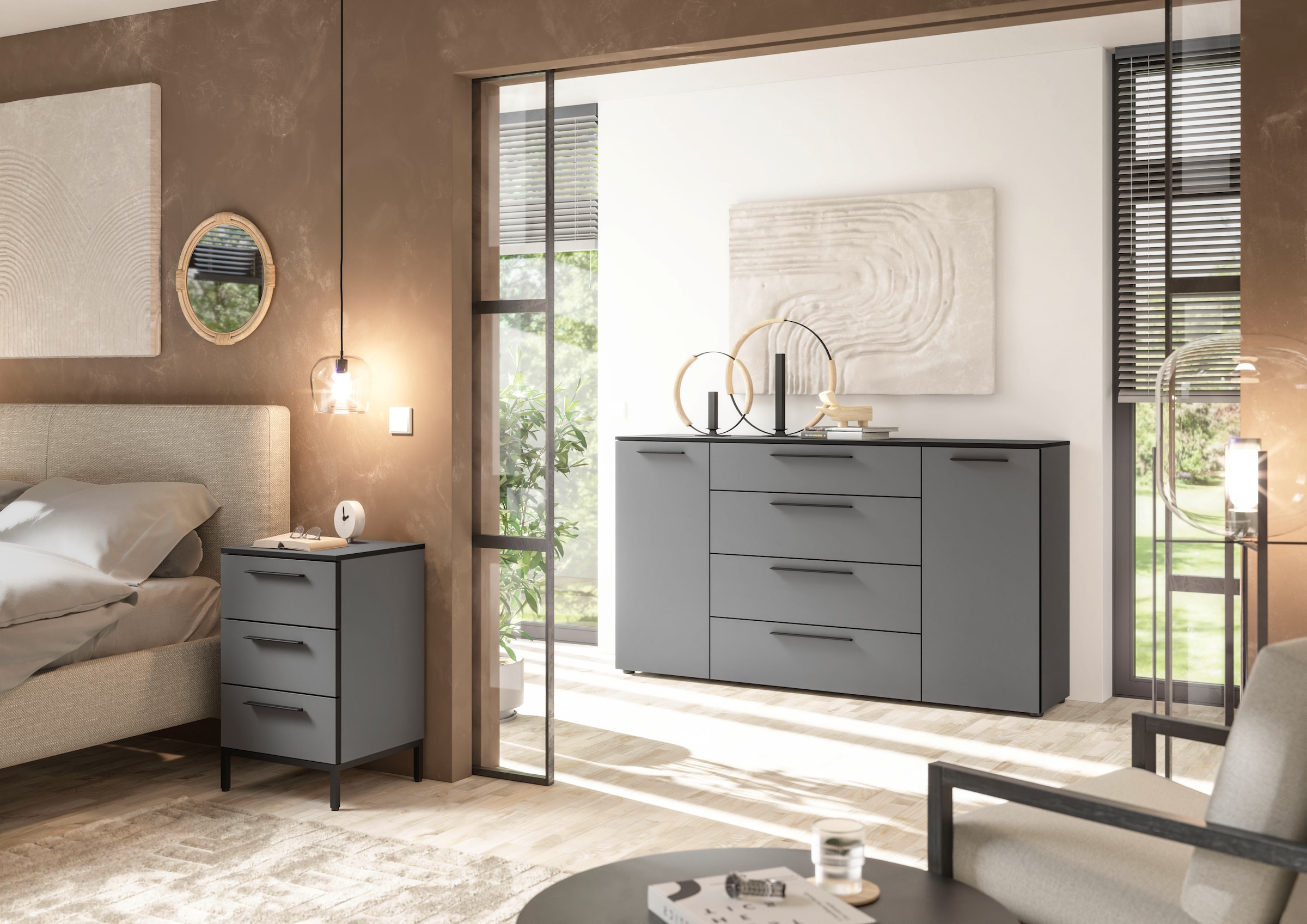 Manjana Möbel Nachtkommode »Nachtkommode mit Schwarz matten Metallgriffen«