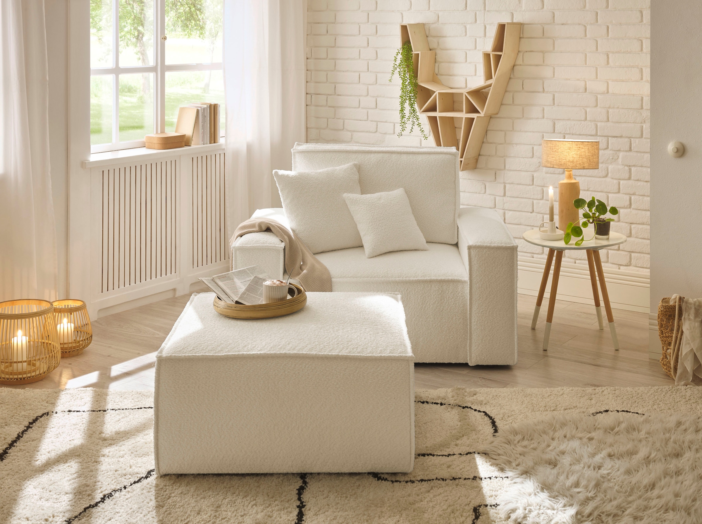 OTTO home Loveseat »FINNLEY Bouclé, Loveseat & Hocker im Set, inkl. Zierkissen« 2 Stk. tlg. verfügbar in den Stoffqualitäten Bouclé, Struktur fein und Mega Cord