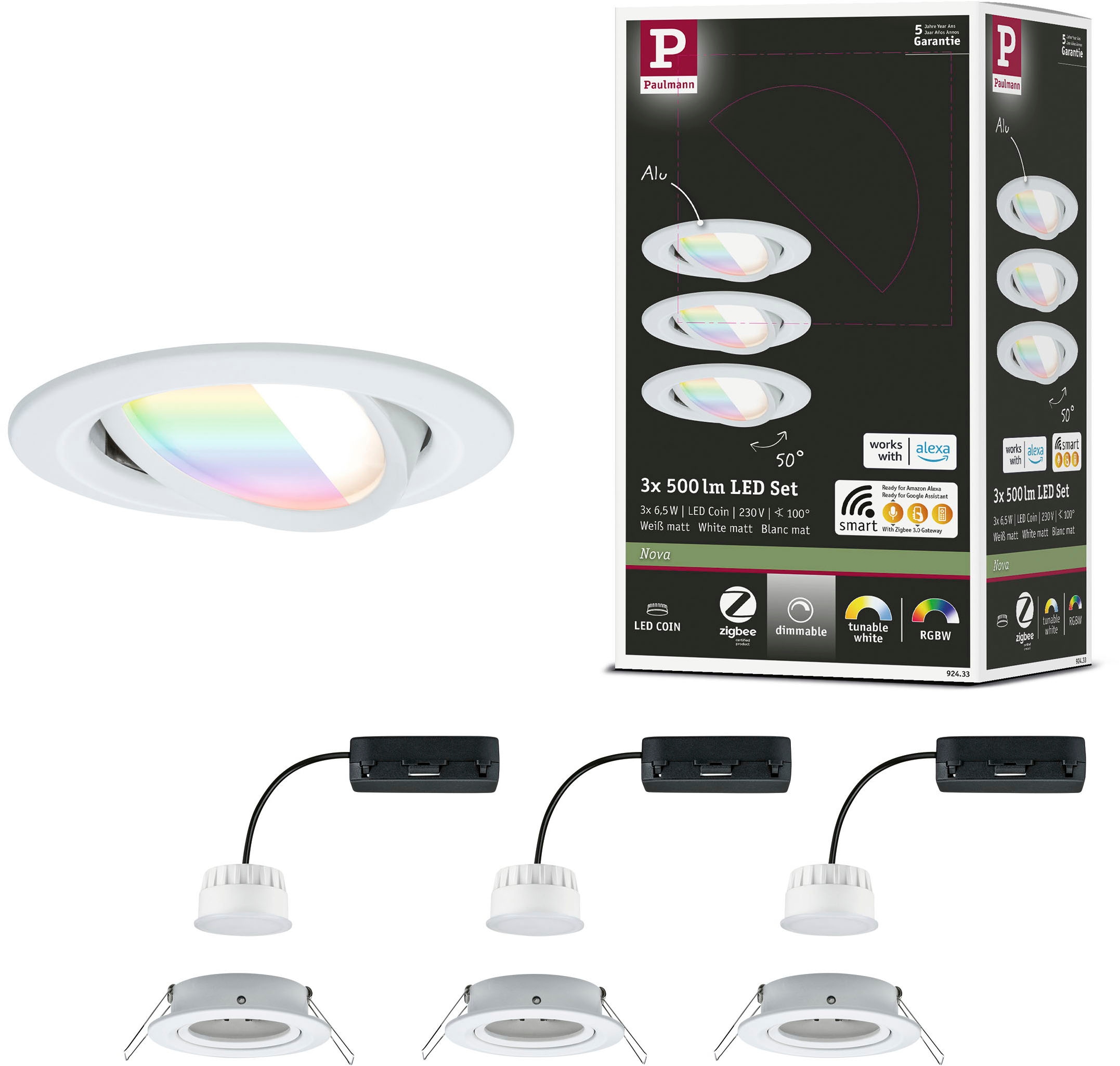 Paulmann LED Einbauleuchte »LED Einbauleuchte Nova Coin rund 84mm 50°« LED-Modul 3 Stk. Tageslichtweiß Memoryfunktion, Farbwechsler, Farbsteuerung, Dimmer, Smart Home