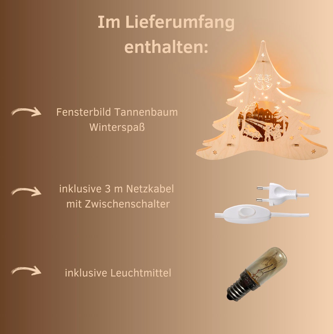 Weigla Dekobaum »beleuchtetes Fensterbild Tannenbaum Winterspaß, NATUR-BRAUN«, Erzgebirge garantiert, Weihnachtsdeko Innen, Weihnachtsbeleuchtung