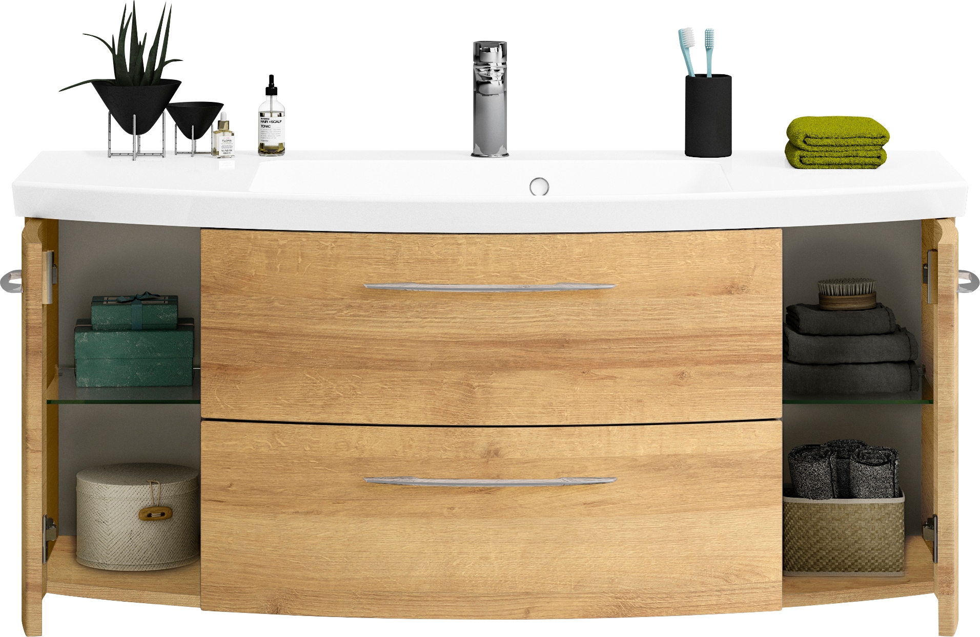 Saphir Badmöbel-Set »Cassca Sprint 4-teilig Mineralmarmor-Waschtisch mit LED-Spiegelschrank« 5 Stk. tlg.