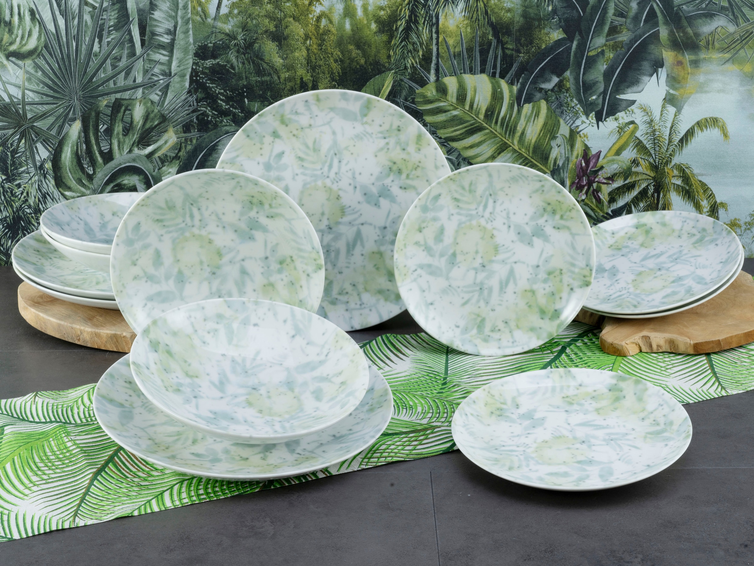 CreaTable Teller-Set »Geschirr-Set Home - Tropical«, (Set, 12 tlg., Tafelservice für 4 Personen), Service, im Used-und Vintage-Look, 12 Teile, für 4 Personen