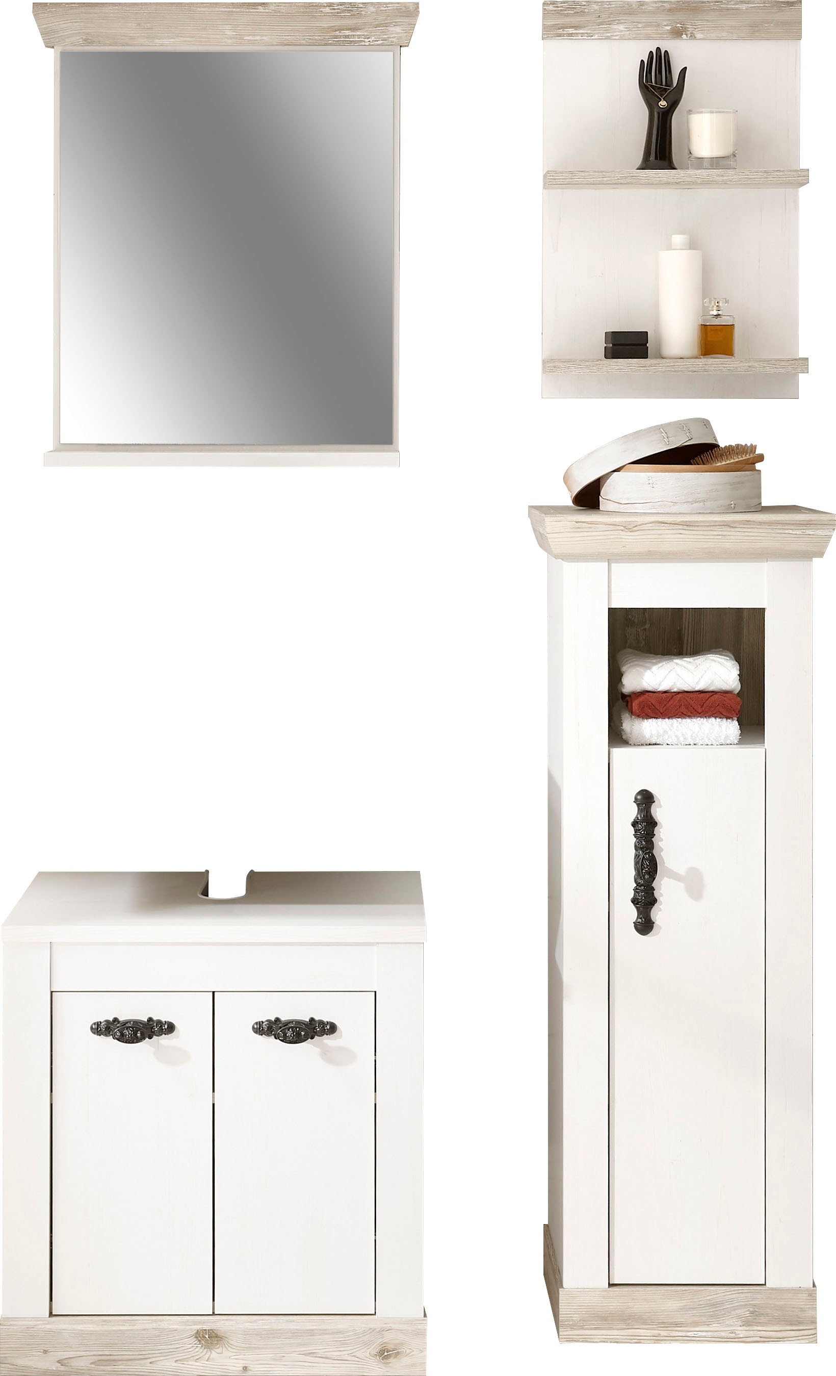 Home affaire Badmöbel-Set »Florenz, Bad im Landhausstil, 4-teiliges Badezimmer«, (4 St.), Unterschrank, Schrank, Wandregal und Spiegel, in Pinie Weiß, Stauraum