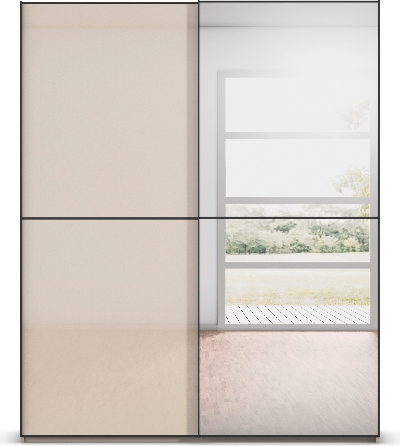 rauch Schwebetürenschrank »Kleiderschrank Schrank Garderobe Schlafzimmerschrank SCALE-DUO« edle zweigeteilte Türen Spiegel/Glas-Mix 3 Zierleisten MADE IN GERMANY