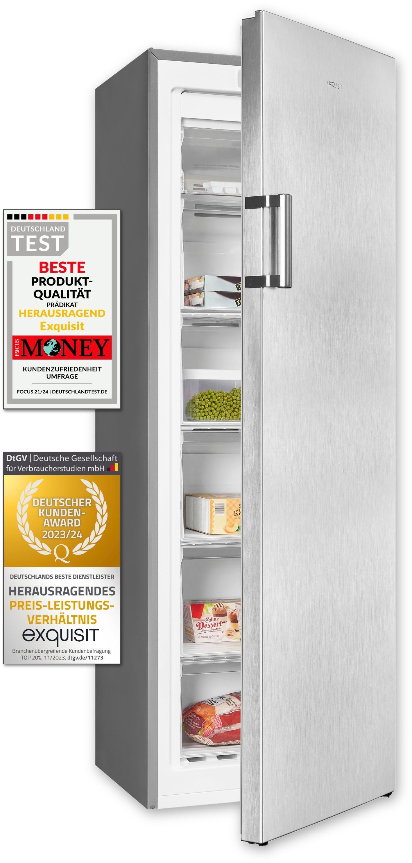 exquisit Gefrierschrank »GS271-NF-H-010E inoxlook«, 169,1 cm hoch, 55,9 cm breit, 194 L Volumen, NoFrost, Schnellgefrieren, 4 Sterne
