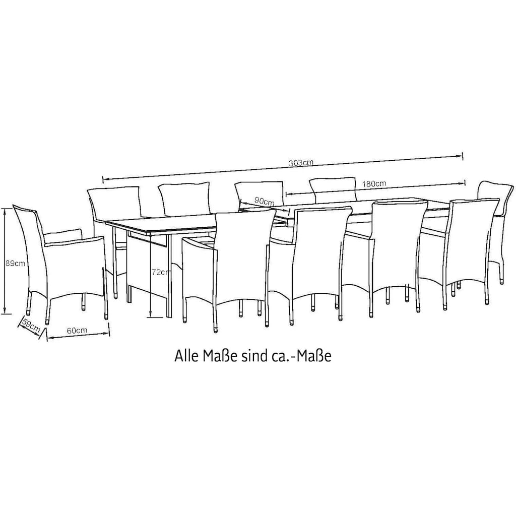 KONIFERA Garten-Essgruppe »Mailand«, (Set, 31 tlg., 10x Sessel, 1x AZ-Tisch 179-302 cm, inkl. Auflagen)