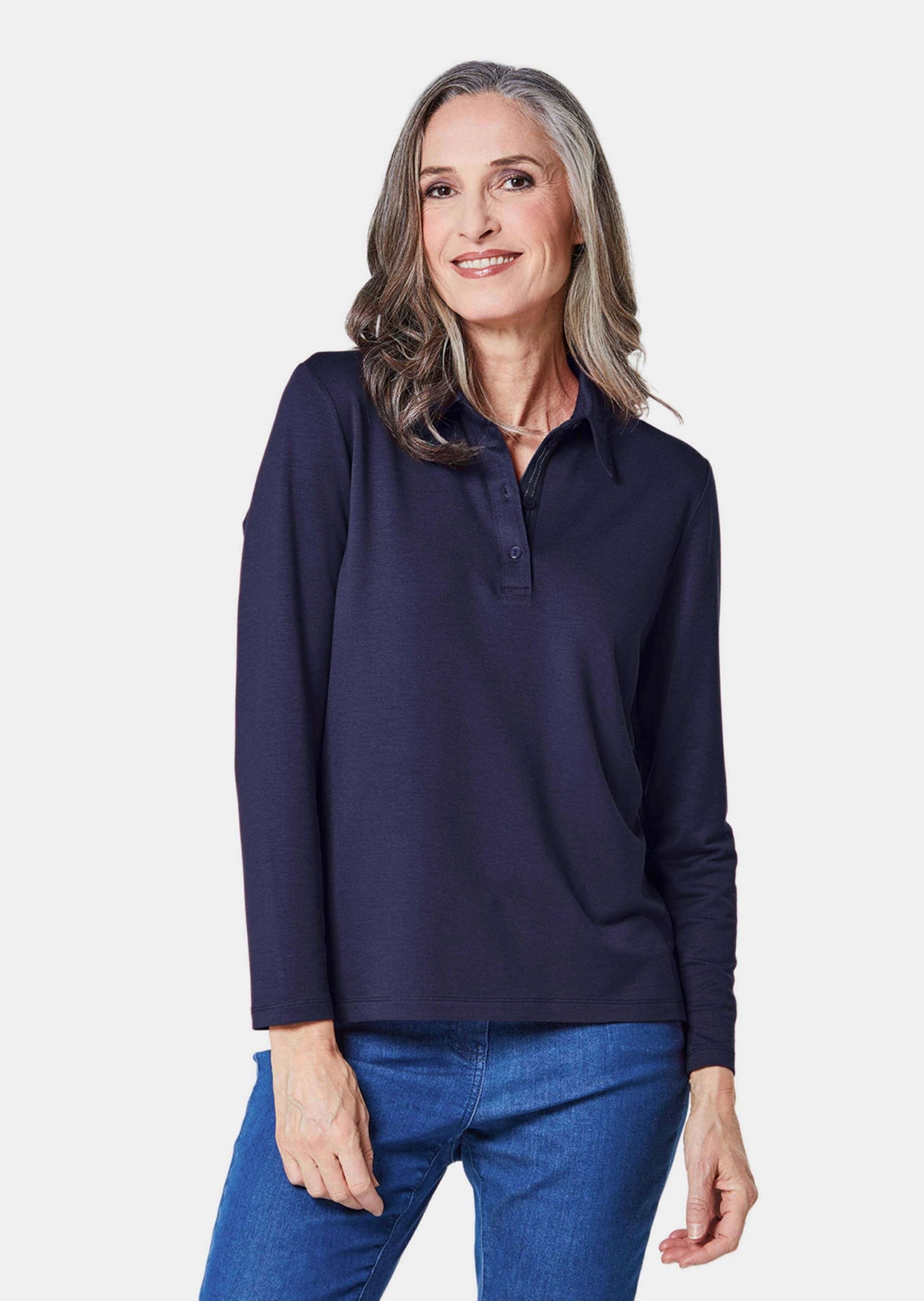 GOLDNER Poloshirt »Kurzgröße Langarm Poloshirt mit Schmuckband an Knopfleiste«