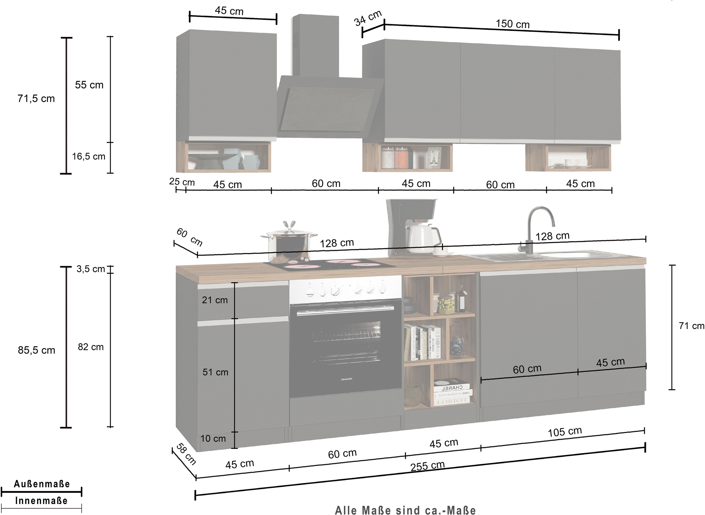 KOCHSTATION »KS-Sole« Breite 256 cm, mit Regalen und Fächern, ohne E-Geräte