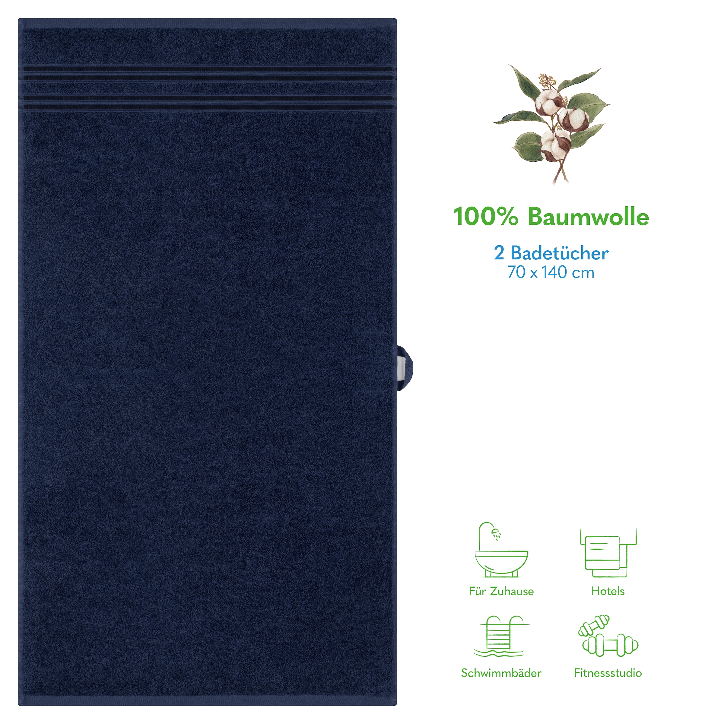 HAMMETEX Duschtuch »2er Set Badetücher 70x140 cm, 100% Baumwolle, Weich & Saugstark« mit Bordüre, einfarbig, weich