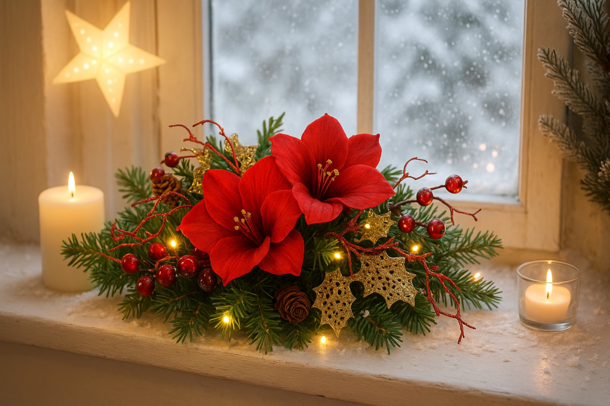 I.GE.A. Kunstpflanze »Tannenleger« Amaryllis Zapfen Beeren künstlich warmweiß Weihnachtsdeko Tisch Advent