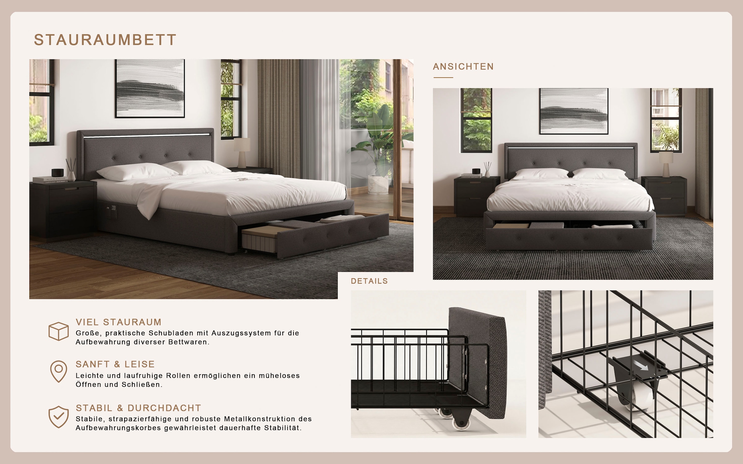 OTTO home Polsterbett »RUNELLE, LED-Stauraumbett mit Lattenrost & Schubladen, Strukturstoff« Liegefläche 140x200cm / 160x200cm / 180x200cm