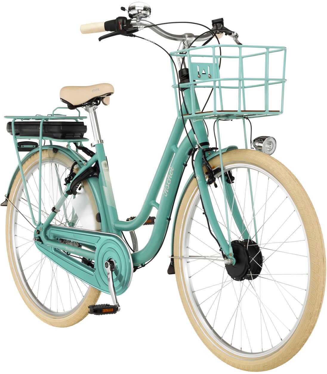 FISCHER Fahrrad E-Bike »CITA RETRO 3.0 522«, 7 Gang, Shimano, Nexus, Frontmotor 250 W, (mit Fahrradschloss), mit großem Vorderradkorb, Pedelec