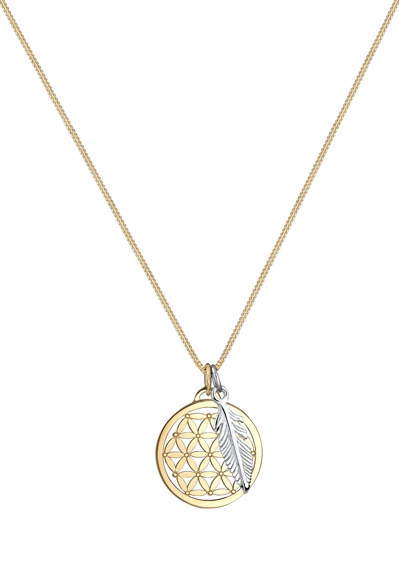 Elli Kette mit Anhänger »Halskette Anhänger Lebensblume und Feder bicolor 925 Sterling Silber«