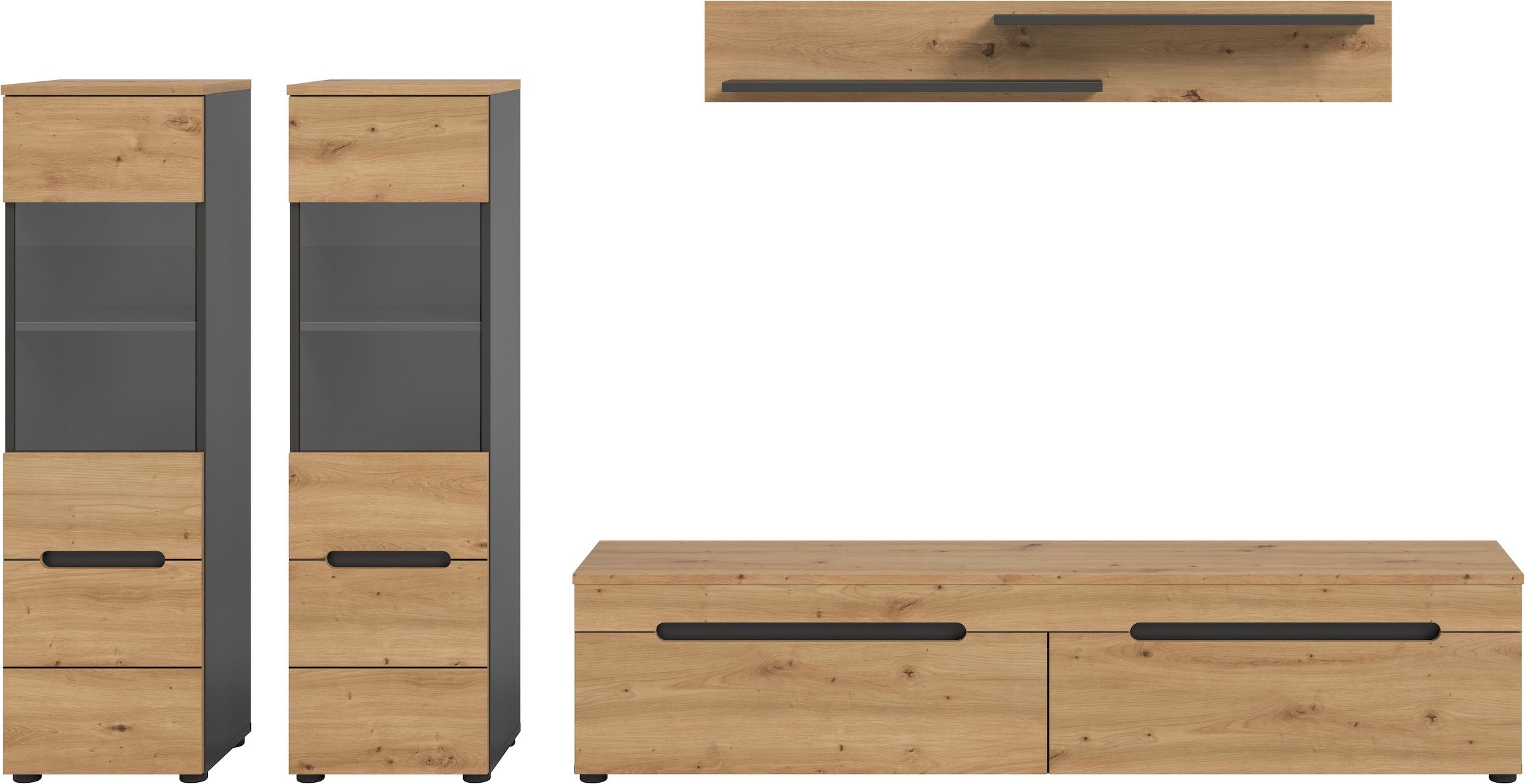 INOSIGN Wohnwand »REHAT, TOPSELLER!, 4-teilig, wahlweise stehend und hängend montierbar« Set bestehend aus: 2x Vitrine, Lowboard und Wandboard, 3 Stk. tlg.