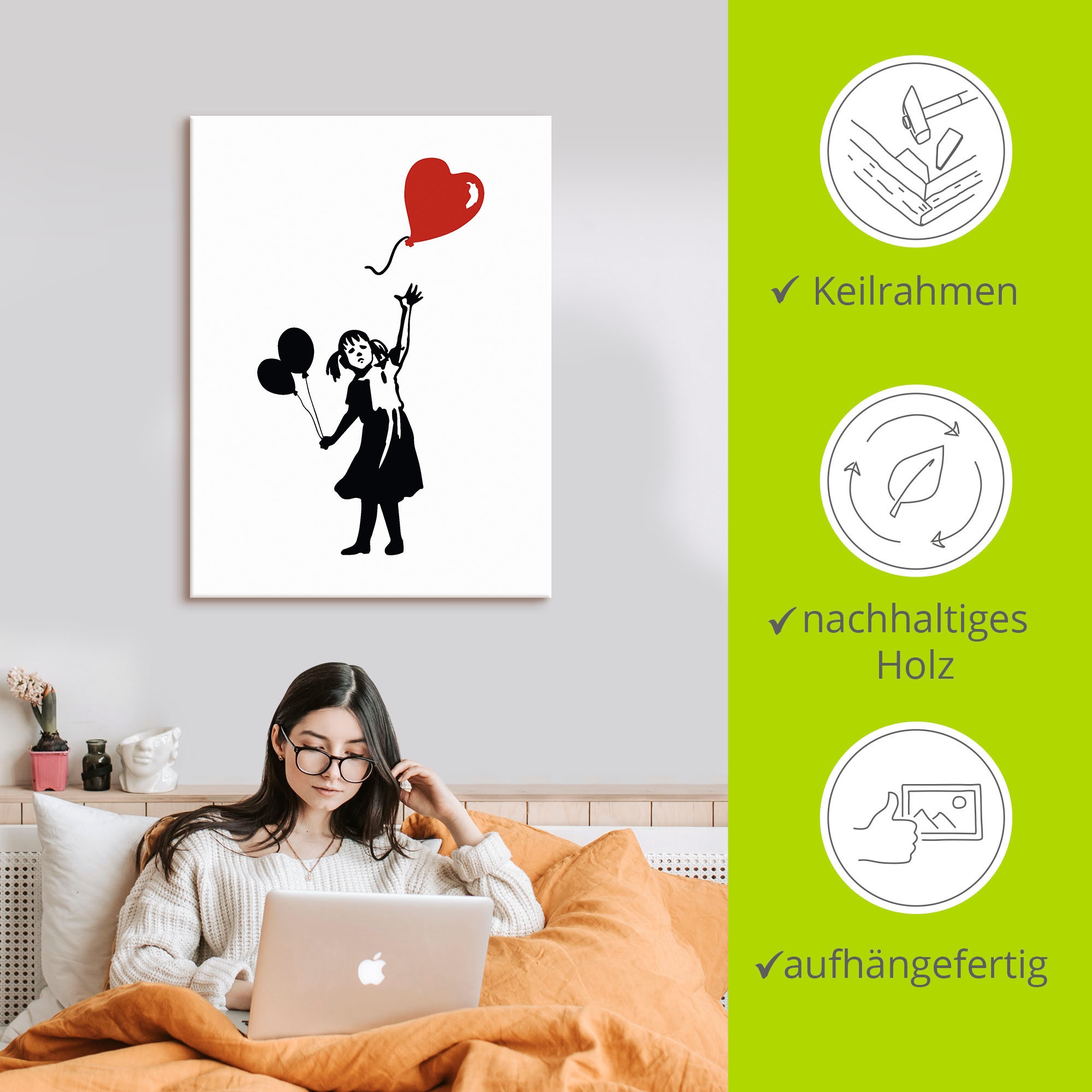Artland Leinwandbild »Silhouette Mädchen Ballon Herz«, Bilder von Kindern, (1 St.), auf Keilrahmen gespannt