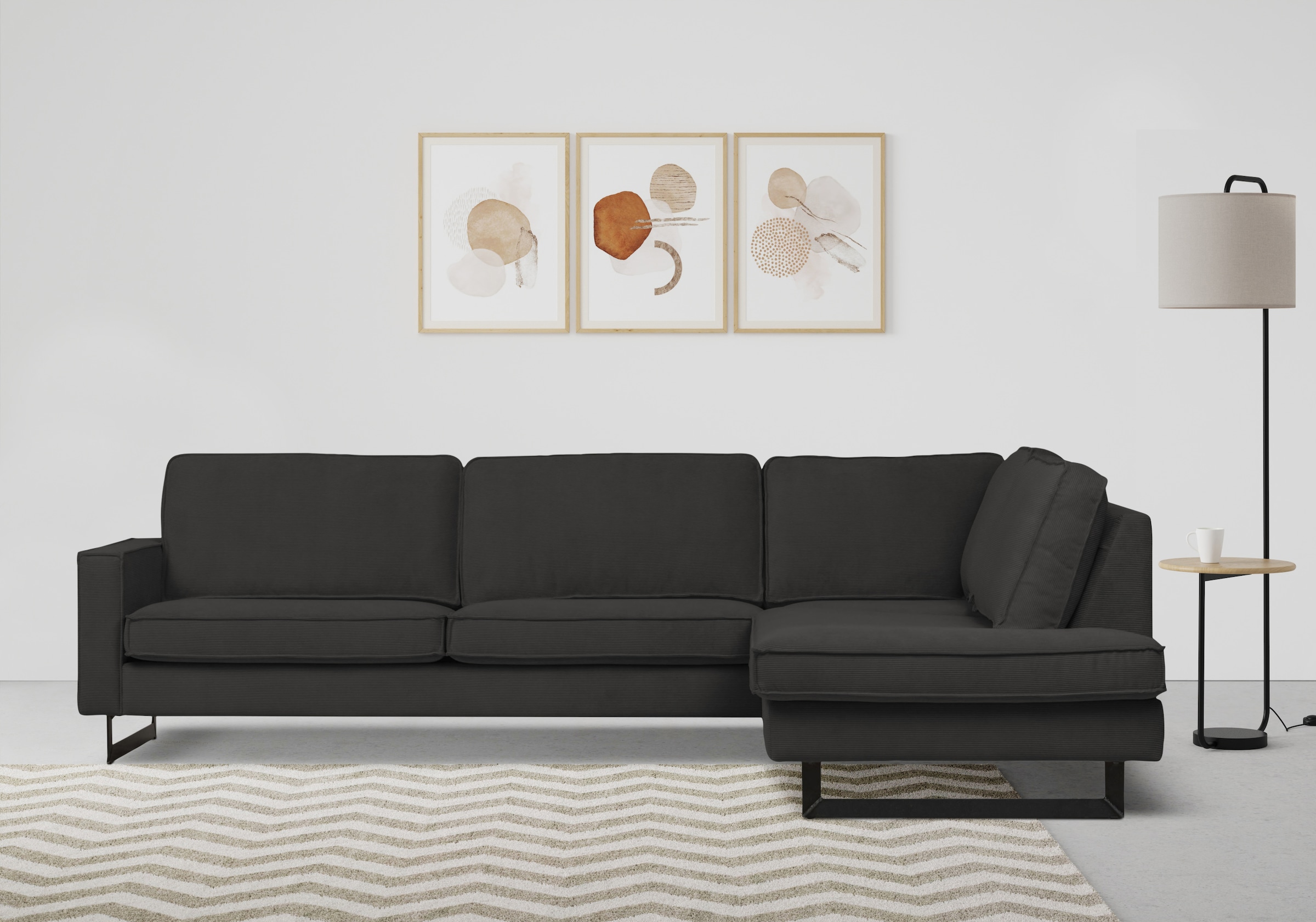 Places of Style Ecksofa »Pinto, 290 cm, Cord, Chenille, Lederoptik, Ottomane links / rechts«, mit Keder, schwarze Metallfüße, Wellenunterfederung