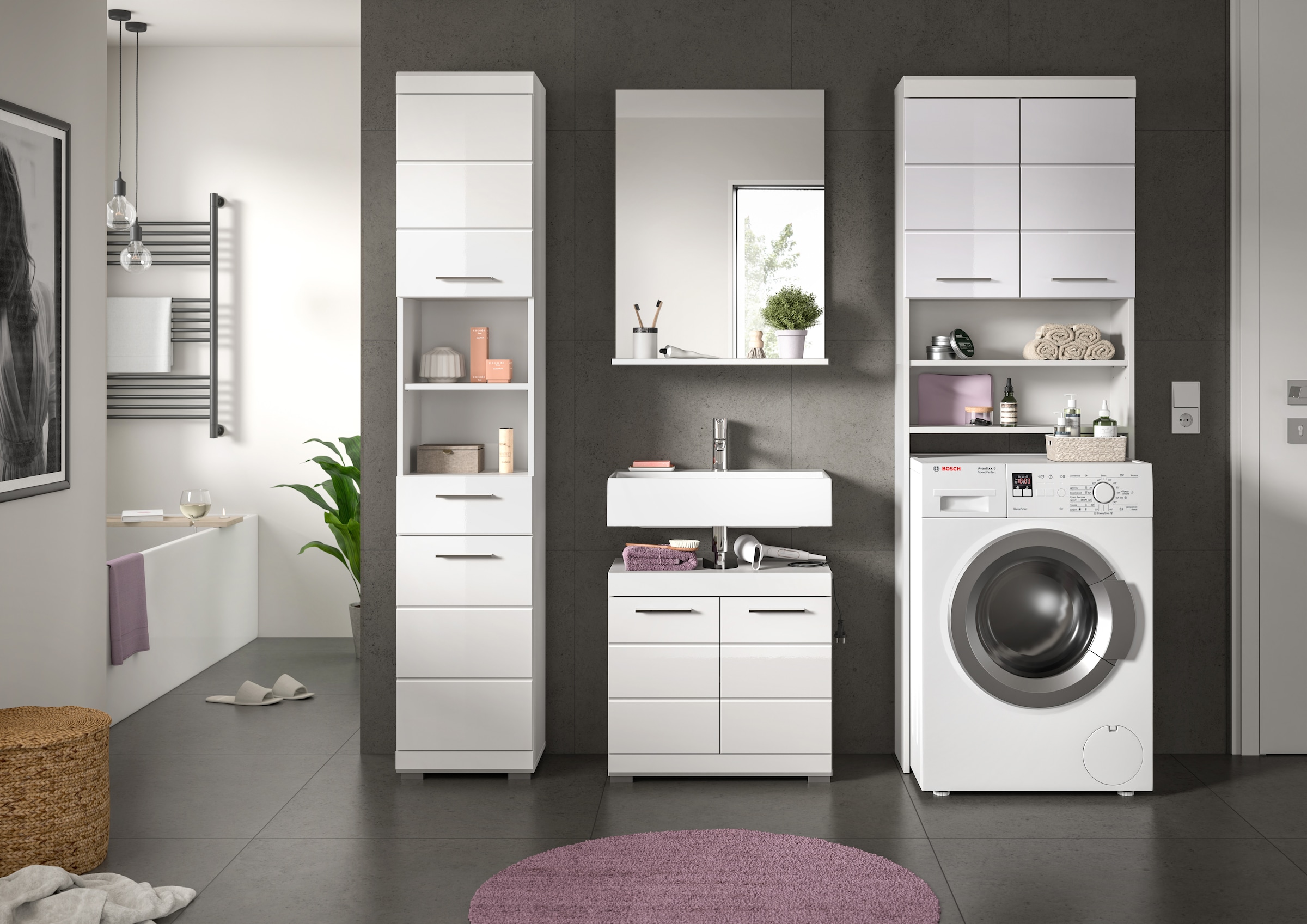 INOSIGN Badmöbel-Set »Siena, 4 teilig, bestehend aus:«, (Set), Hochschrank, WBU, Badspiegel, Waschmaschinenumbauschrank