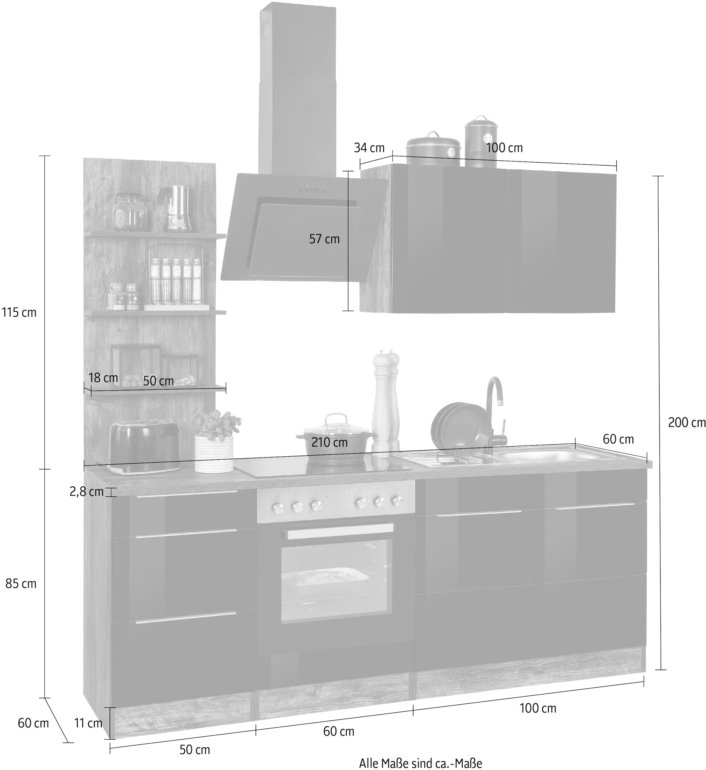 HELD MÖBEL Küchenzeile Breite »Brindisi«, bei online Geräte, cm 210 ohne OTTO