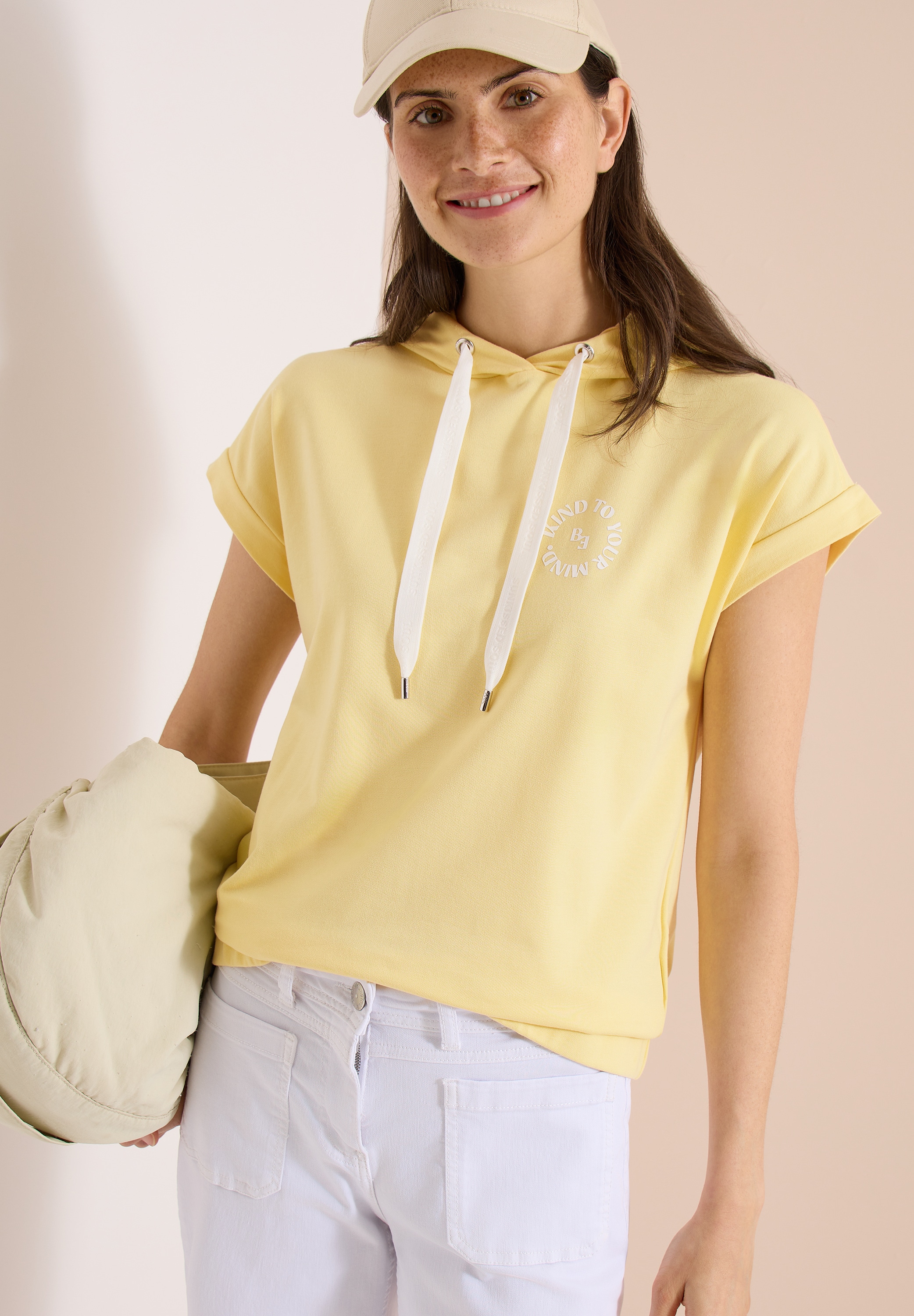 Cecil Sweater , Kurzarm Sweatshirt mit Hoodie und Printdetail
