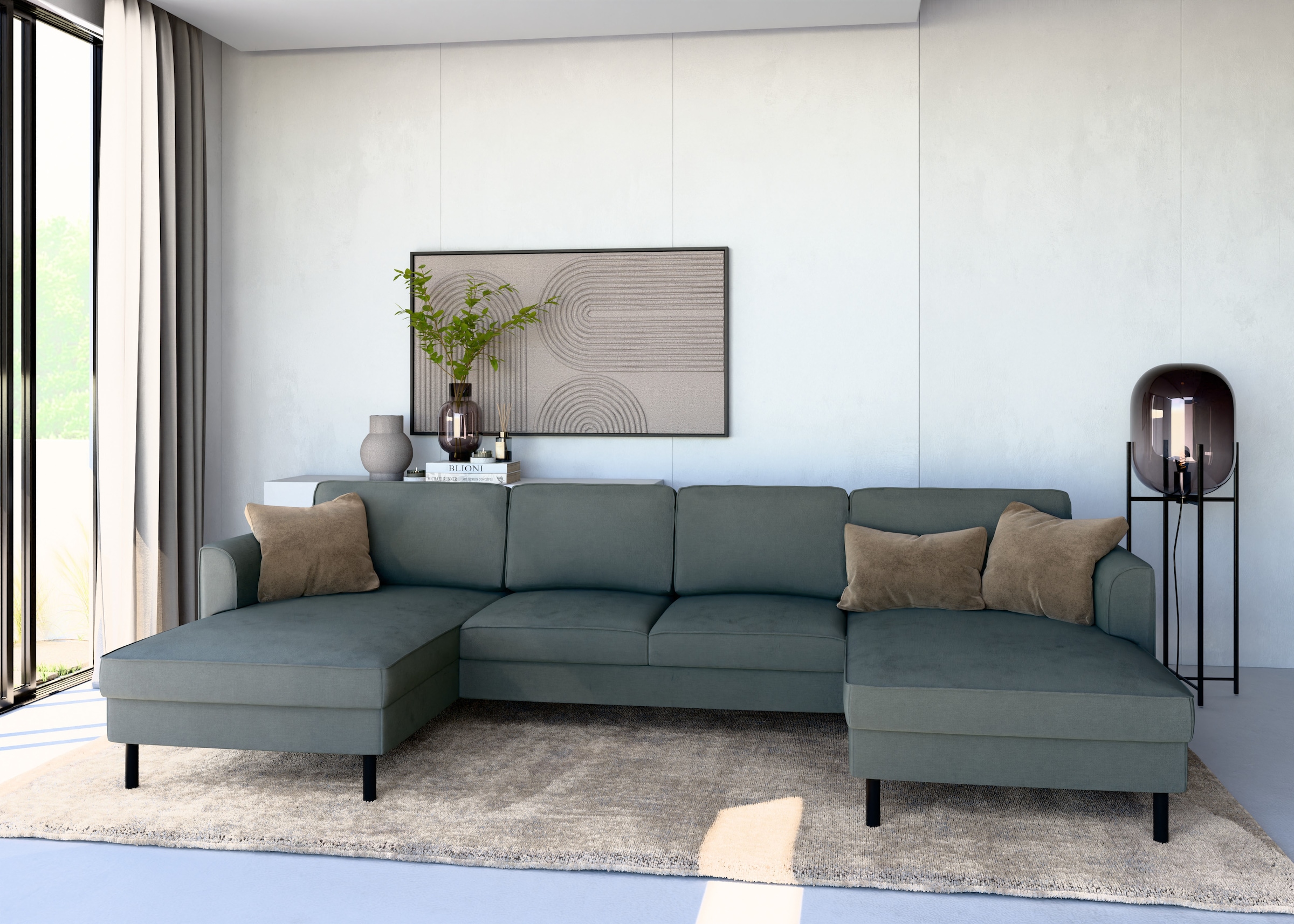 Home affaire Wohnlandschaft »Booster II, whlw. mit Schlaffunktion & Bettkasten, Fuß schwarz« Sofa in U-Form, Breite 305 cm, in Cord oder Struktur LEO o. LINO