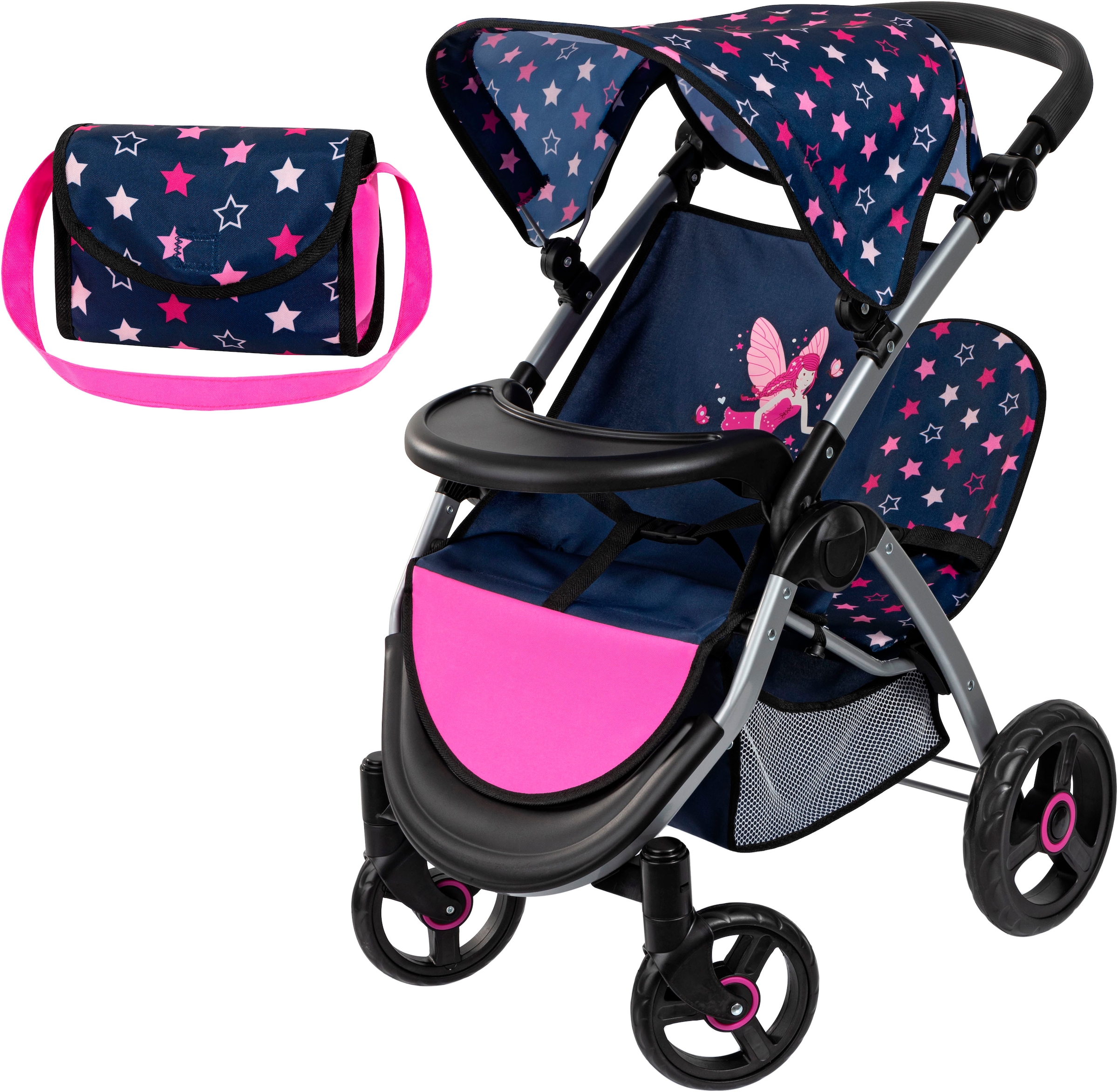 Puppen-Zwillingsbuggy »Twin Star, blau/pink«, mit Wickeltasche