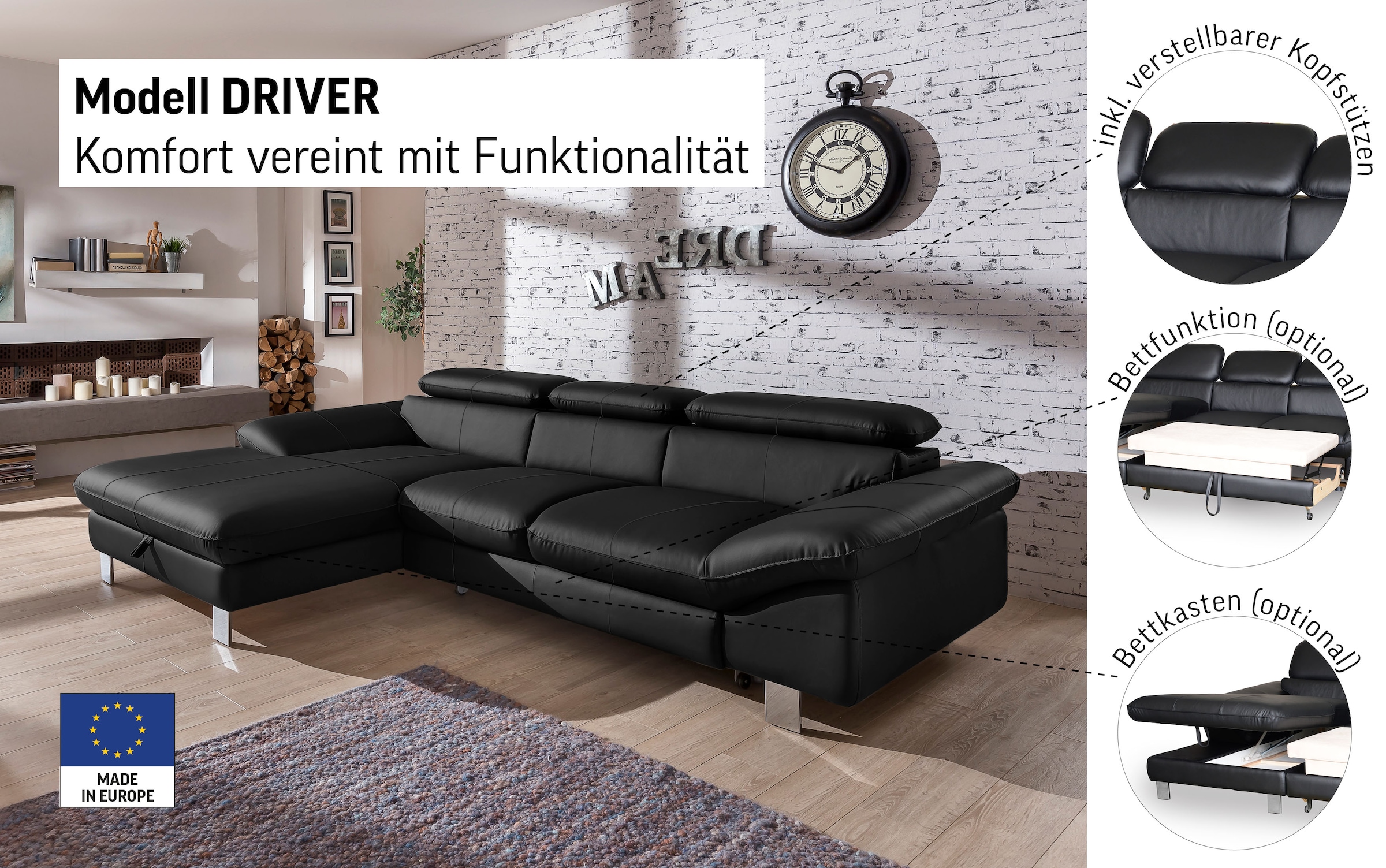 COTTA Ecksofa »Driver L-Form«, mit Kopfteilverstellung, wahlweise mit Bettfunktion & Bettkasten