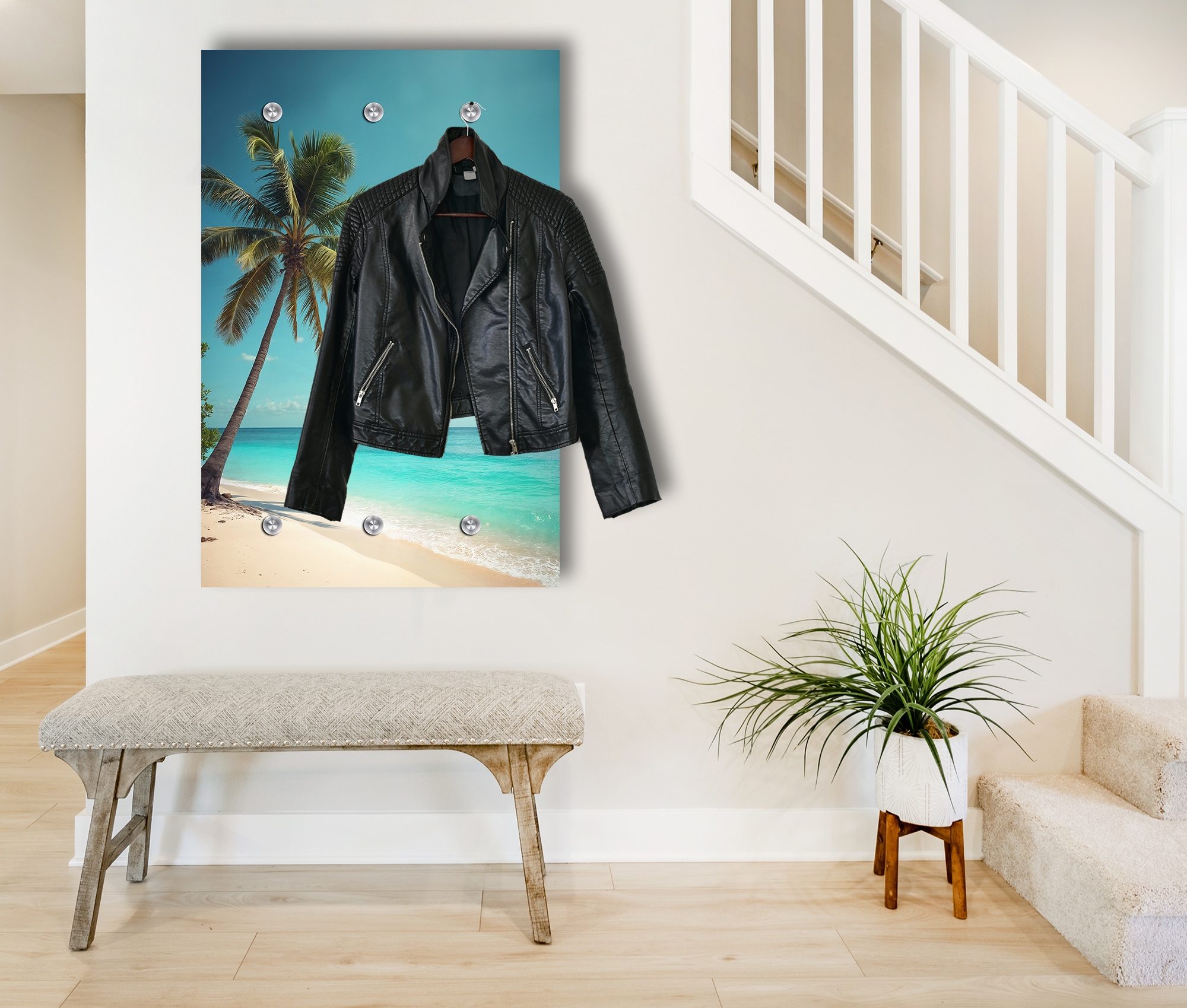 queence Garderobenpaneel »Wandgarderobe  mit Motiv Foto Palme am Meer inkl. Edelstahlhaken« 1 Stk. tlg. HD Premium Druck auf Acrylglas