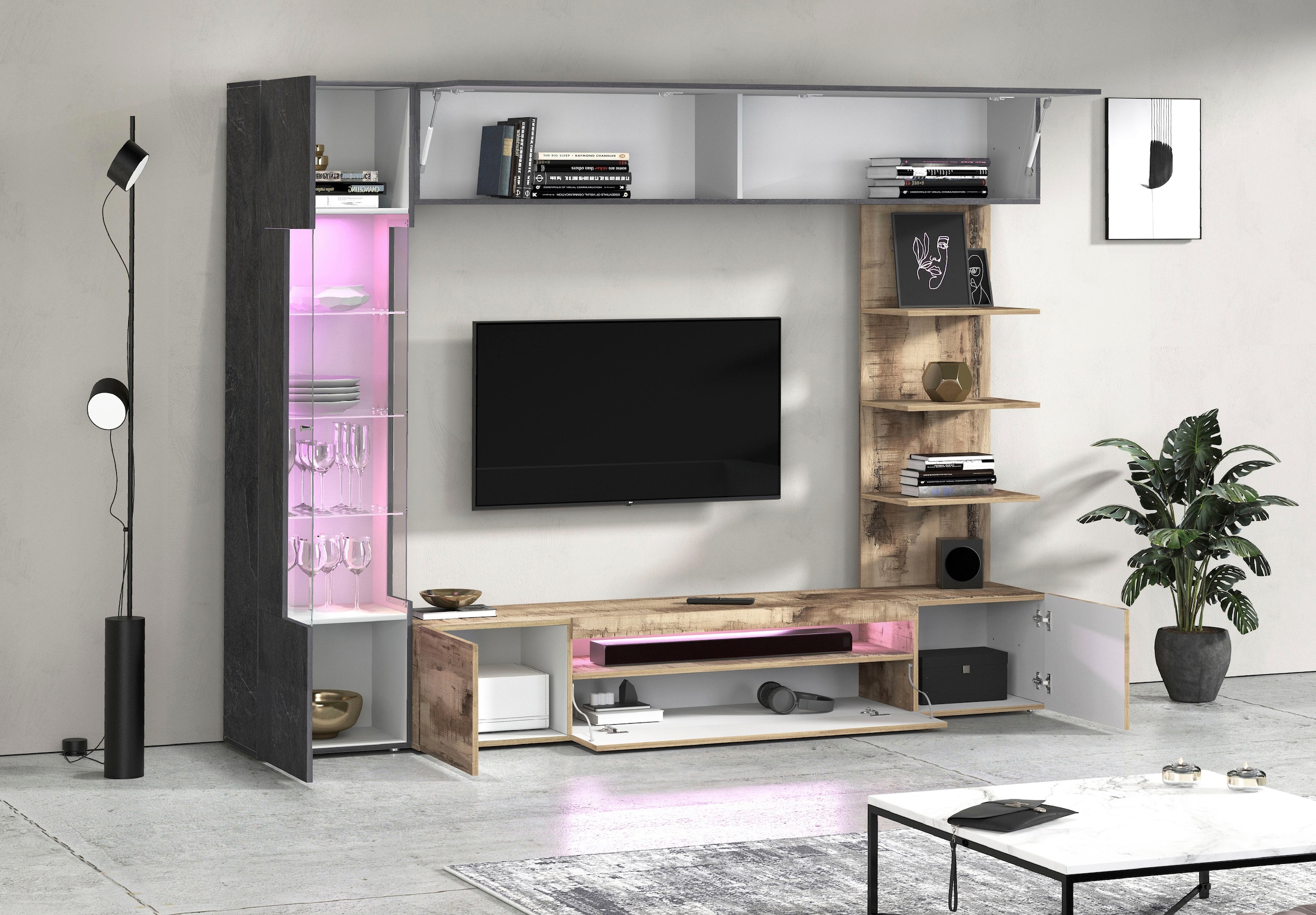 OTTO home Wohnwand »Wohnwand New Egypt, Anbauwand, Medienwand, Wohnzimmerwand« Weiß in Hochglanz, alle anderen Farben in matter Ausführung., 4 Stk. tlg.