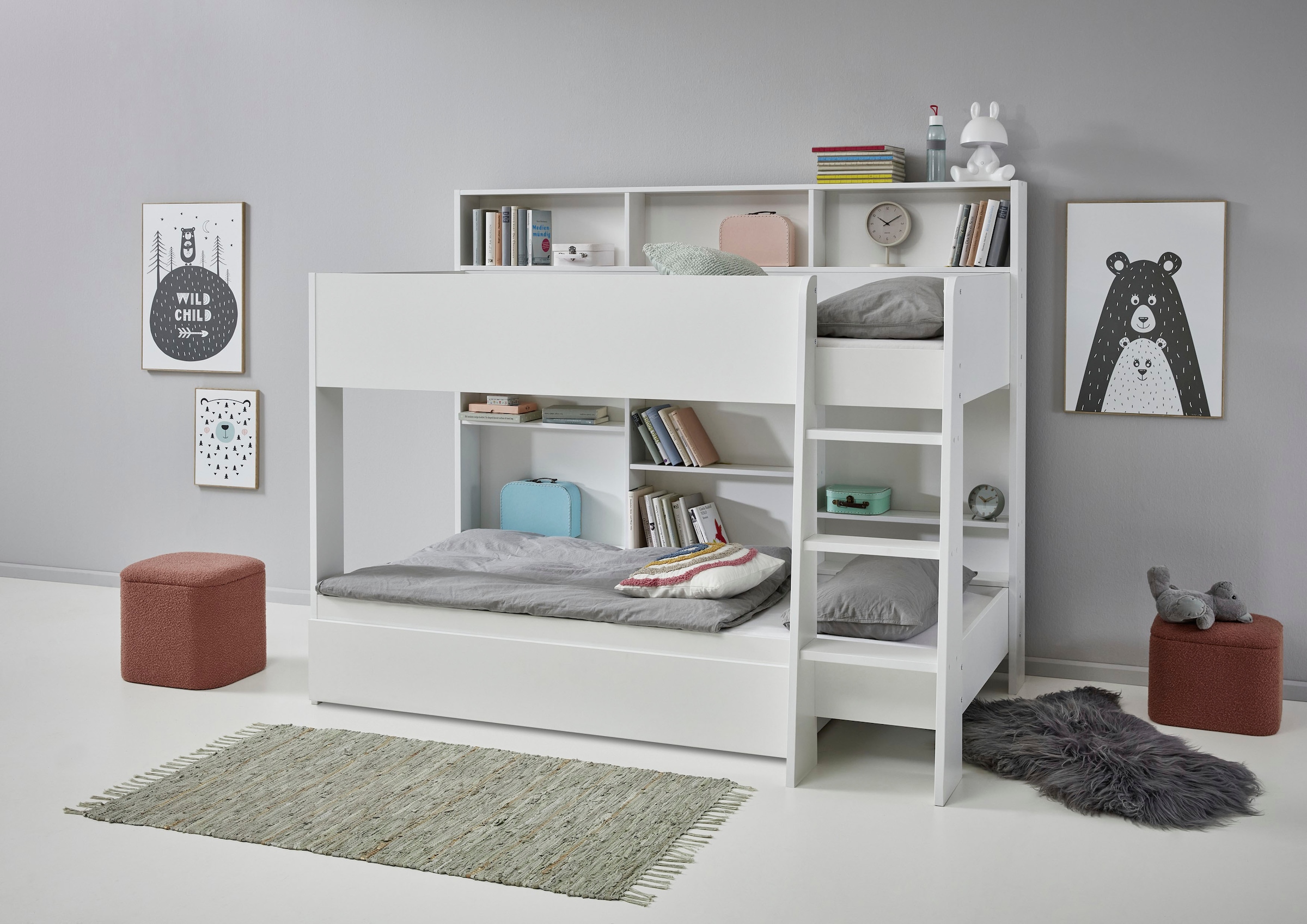 Relita Etagenbett »Sely, viel Funktion auf kleinem Raum, 2 Liegeflächen, modernes Design« viele Regalfächer an der Bettrückseite, inkl. Schublade auf Rollen,  viel Stauraum, pflegeleichte Melamin Oberfläche, 3 Farben zur Wahl
