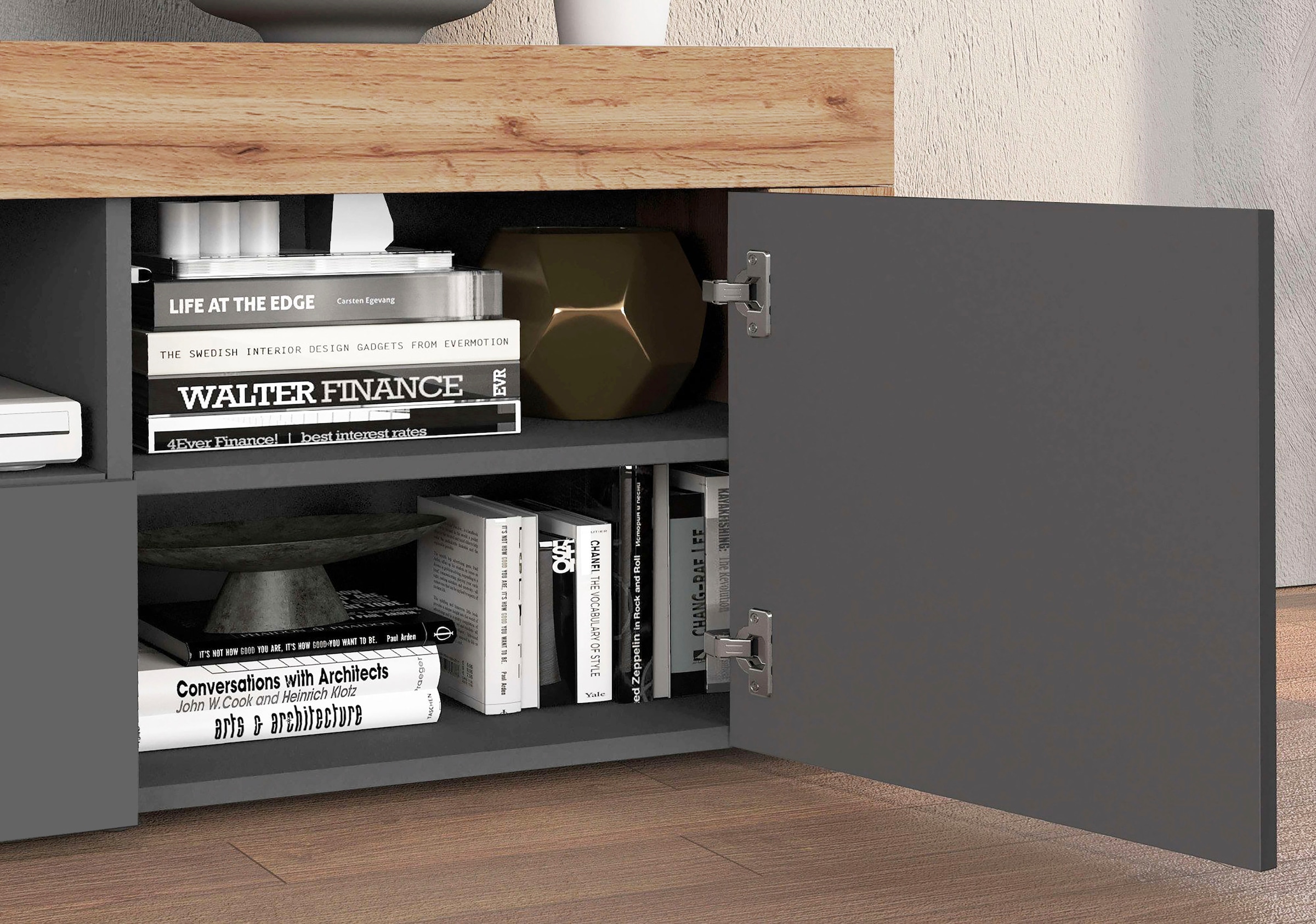 OTTO home Lowboard »CHRONOS Breite 155 cm mit 2 Türen, 1 Schublade,1 offenes Fach« 1 Stk. tlg. TV-Board, Sideboard niedrig, Grifflos mit Push to Open 'Made in Italy'