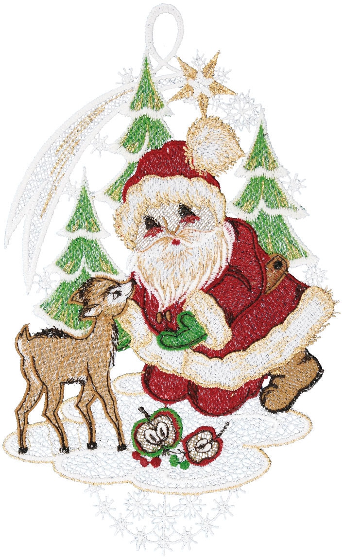 W. Reuter & Sohn - Plauener Spitze Fensterbild »Weihnachtsmann mit Rehkitz« Made in Germany in bunt, Größe B/L: 16 cm x 28 cm