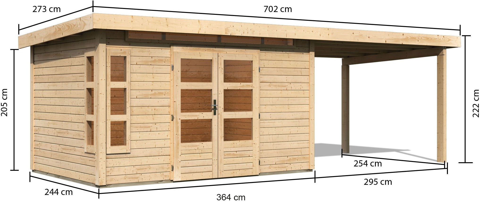 Karibu Gartenhaus »Kolimasee 7« mit Anbaudach 3,2 m, naturbelassen