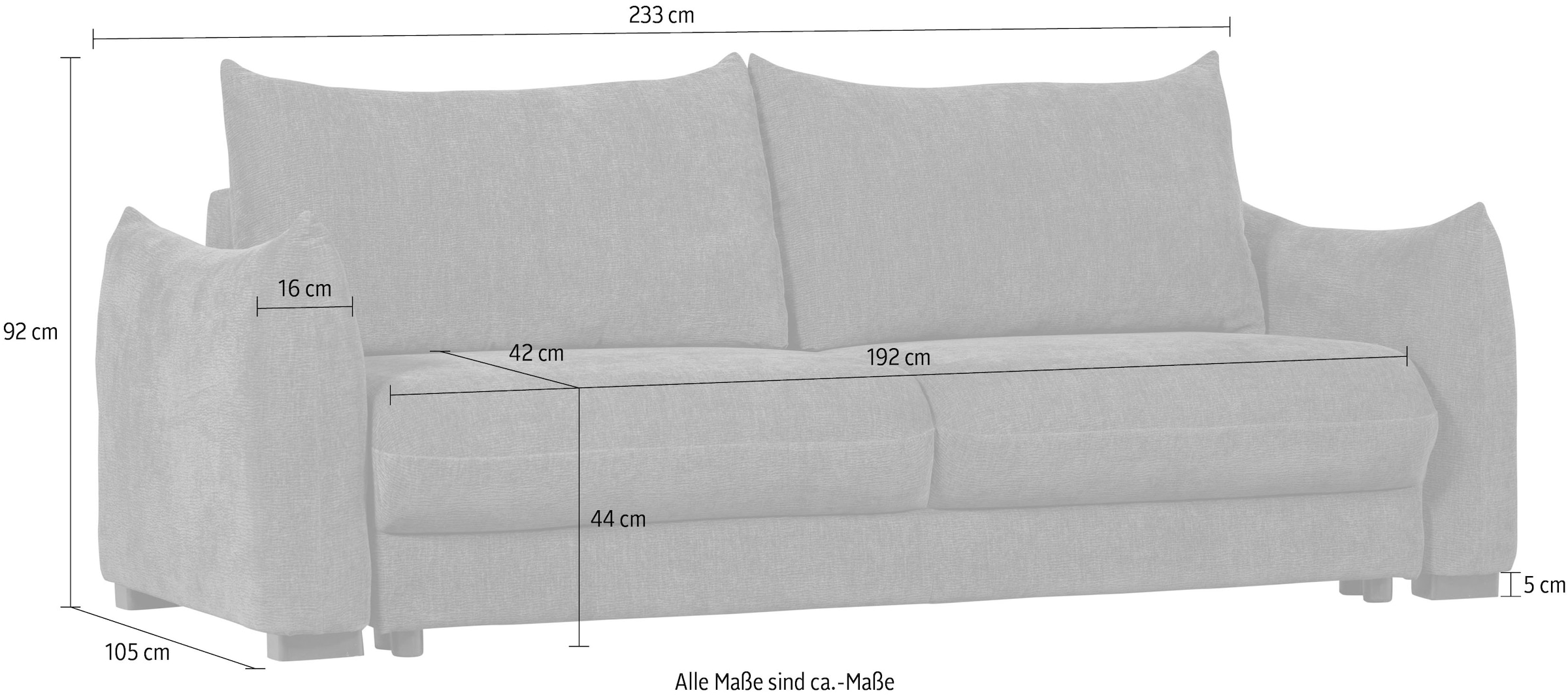 WOOOD Schlafsofa »Jonne Strukturbezug mit Schlaffunktion, H 92 x B 233 x T 105 cm« Tragkraft 220 kg, Sitzbreite 192 cm, Geringe Verschleißfestigkeit